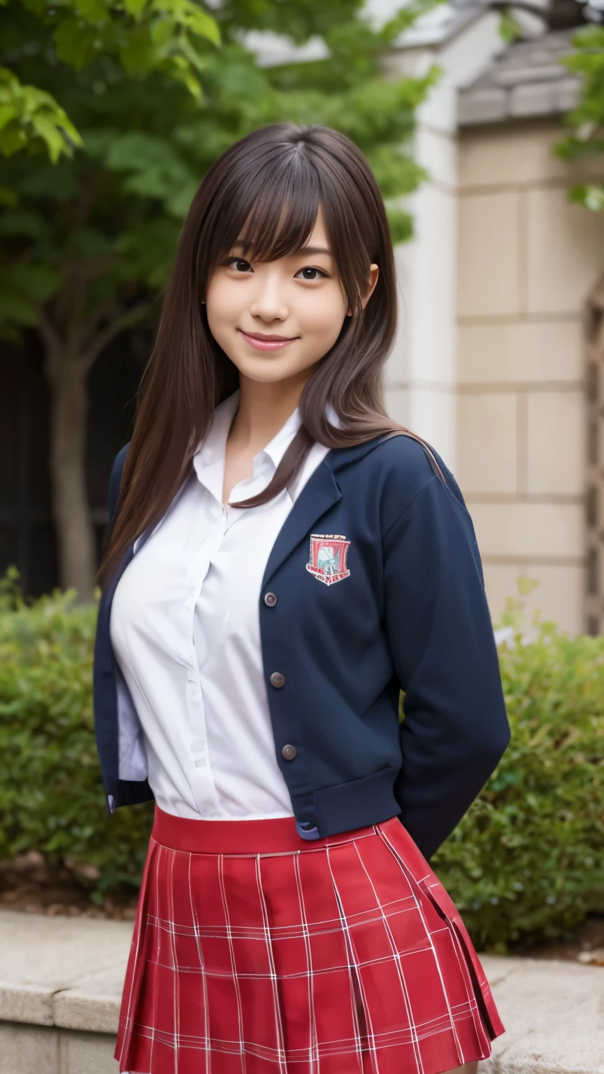 girls standing school yard,navy blue blazer,white shirt with red bow tie,navy blue pleated skirt,navy blue knee-high socks,school bag,18-year-old,bangs,a little smile,thighs,knees,straight hair with barrette,from below,front-light