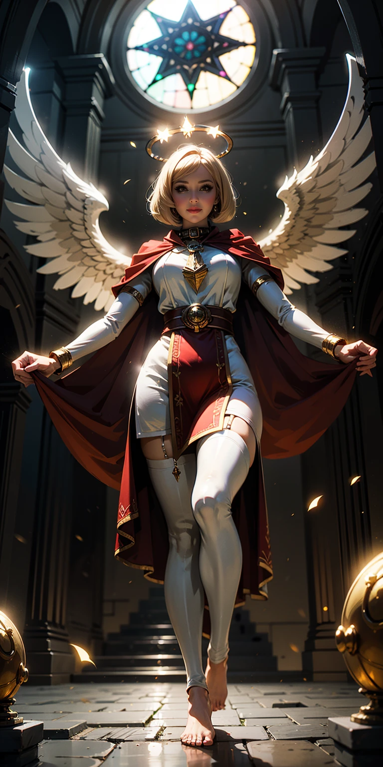 low angle, from below, paladin templar lady in white tabard, legwear, glowing yellow eyes, collar, golden chainmail, wide hips, barefoot, angel wings, pauldrons, halo, bob cut, blonde, eye focus, red cape, temple indoors, decorations, stained glass windows, night, particles, chromatic aberration, detailed, cinematic, dark scene, fantasy
