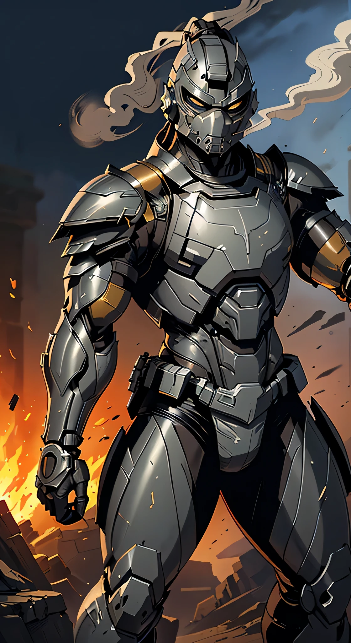 zxcrx, cyborg ninja wearing sleek, (grey and black armour:1.5) that incorporates various mechanical components, his face is covered by a helmet with a (black visor:1.3), arm-mounted blades, energy-based weaponry, ((smoke on background)), intricate, high detail, sharp focus, dramatic, photorealistic painting art by greg rutkowski