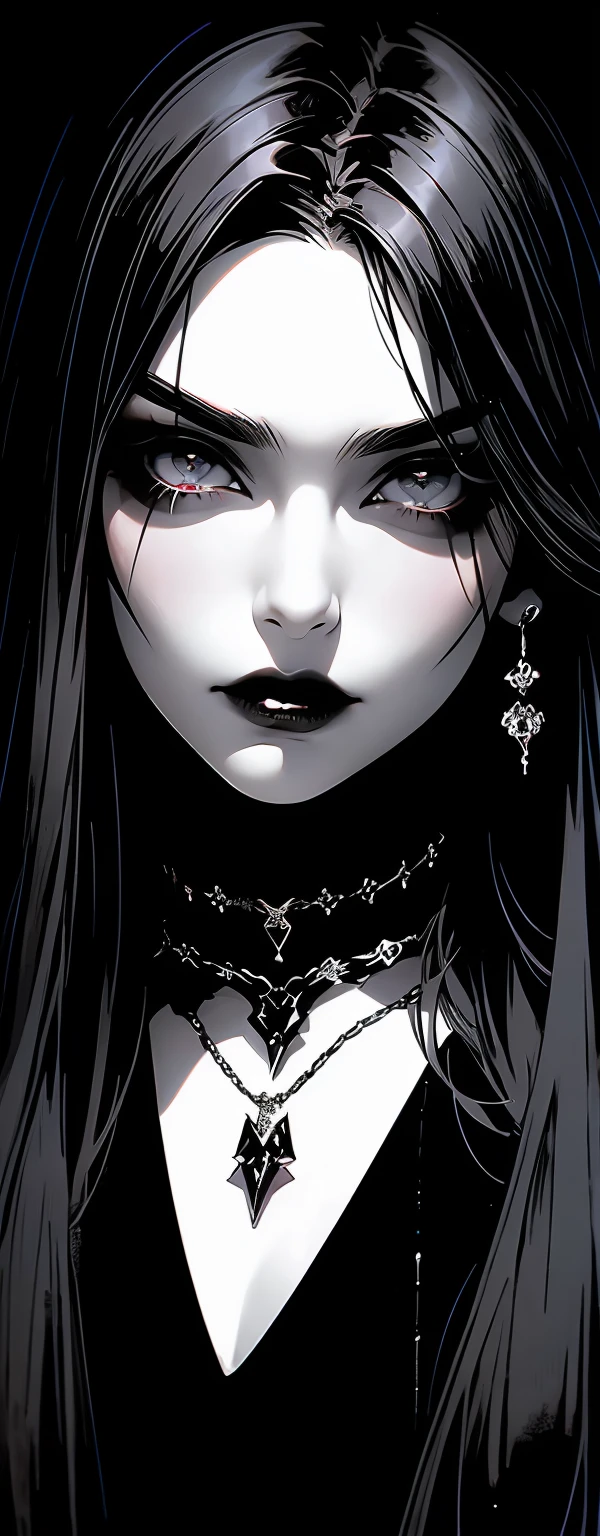 best quality,4k,8k,highres,masterpiece:1.2,ultra-detailed,realistic:1.37,Wednesday Adams,gothic black,glitter eyeshadow,black background,portrait,creepy,vivid colors,dim lighting,horrific expression,long black hair,bat pendant,hauntingly beautiful,attitude,dark dress with collar,striking contrast,brooding atmosphere,detail-oriented,sharp focus,macabre,unique,subtle makeup,pale complexion,13-years-old,quirky,comic book inspired,gothic beauty,eyebrows on point,innocence mixed with darkness,black-and-white aesthetic,emotional intensity,deep,penetrating gaze,raven companion,foreboding,oppressive,fascinating,heart-shaped face,contrast between light and shadow,distinctive style,bewitching presence,unconventional,daughter of Morticia and Gomez,close-up,fierce,undying love for the macabre,full lips,piercing stare,brooding teenager,dark and atmospheric,edgy,vampire-like,poetic melancholy.
