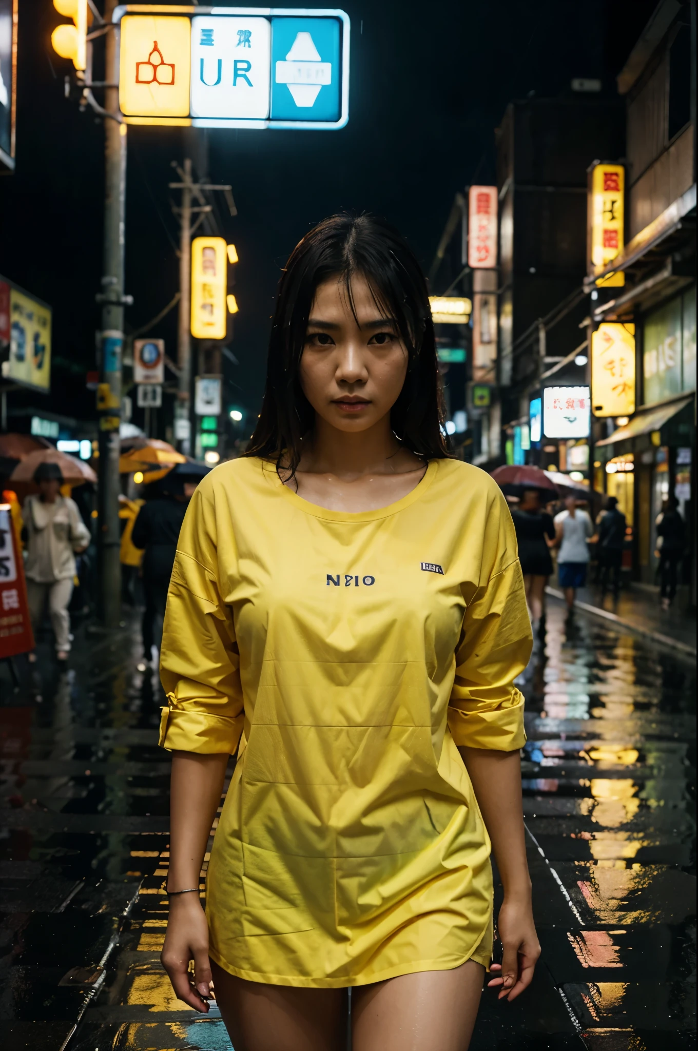 Realistic images, Street photography, a Thai woman, empty street, Yellow Shirt, Rain, rainy, night, dark, Rain, Japanese, Japanese signs, neon signs, blade-runner style, intricate, hyper-detailed, realistic, ultra-realistic, high quality, ultra detail, crazy detail, photo realism, 8k