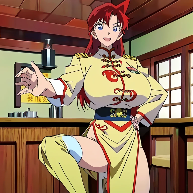 ((official art,anime screen cap、Super thin illustration、 High resolution, muste piece, best quality,best quality)),high quality, detailed, thighs, Foots,  (red hair、:1.2)、 shiny hair, (Chinese style dress cosplay uniform suit), cool pose, (厚いthighs、big ass、very huge breasts),(((bar)))、grinning grin、ultra fine painting, (best quality, In 4K, 8K, High resolution, muste piece:1.2),Maorilan、(detailedな手:1.2)