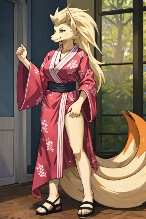 ((Ninetales)), anthropomorphic, big boobs, big ass, pokemorph, (((1girl))), (((red and pink kimono))), cute and sexy, (black sandals), slender, white skin, long legs, smiling