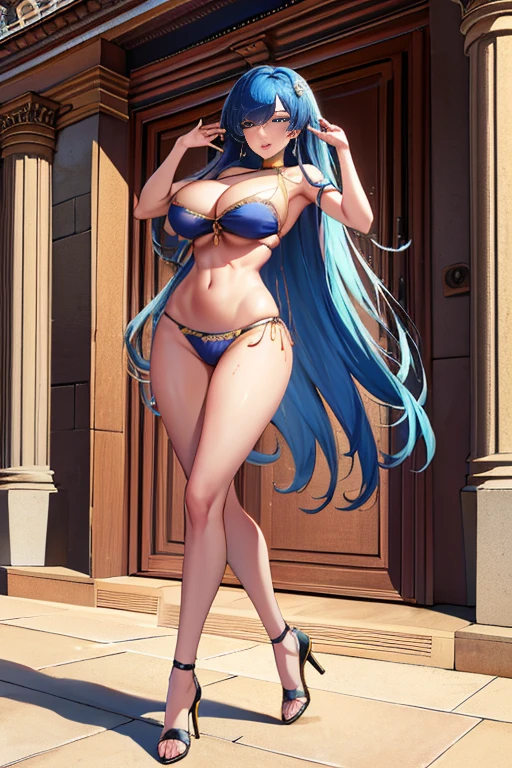 masterpiece, beautiful art, high resolution, best quality, 1 woman, solo, big breasted, cleavage, sexy arabian dancer, sexy blue outfit, blue hair, blue eyes, sexy smirk, sexy hips, full body, ryona, in trouble, slammed against the wall, screaming in agony, body damage, ripped off clothes, closed eyes 