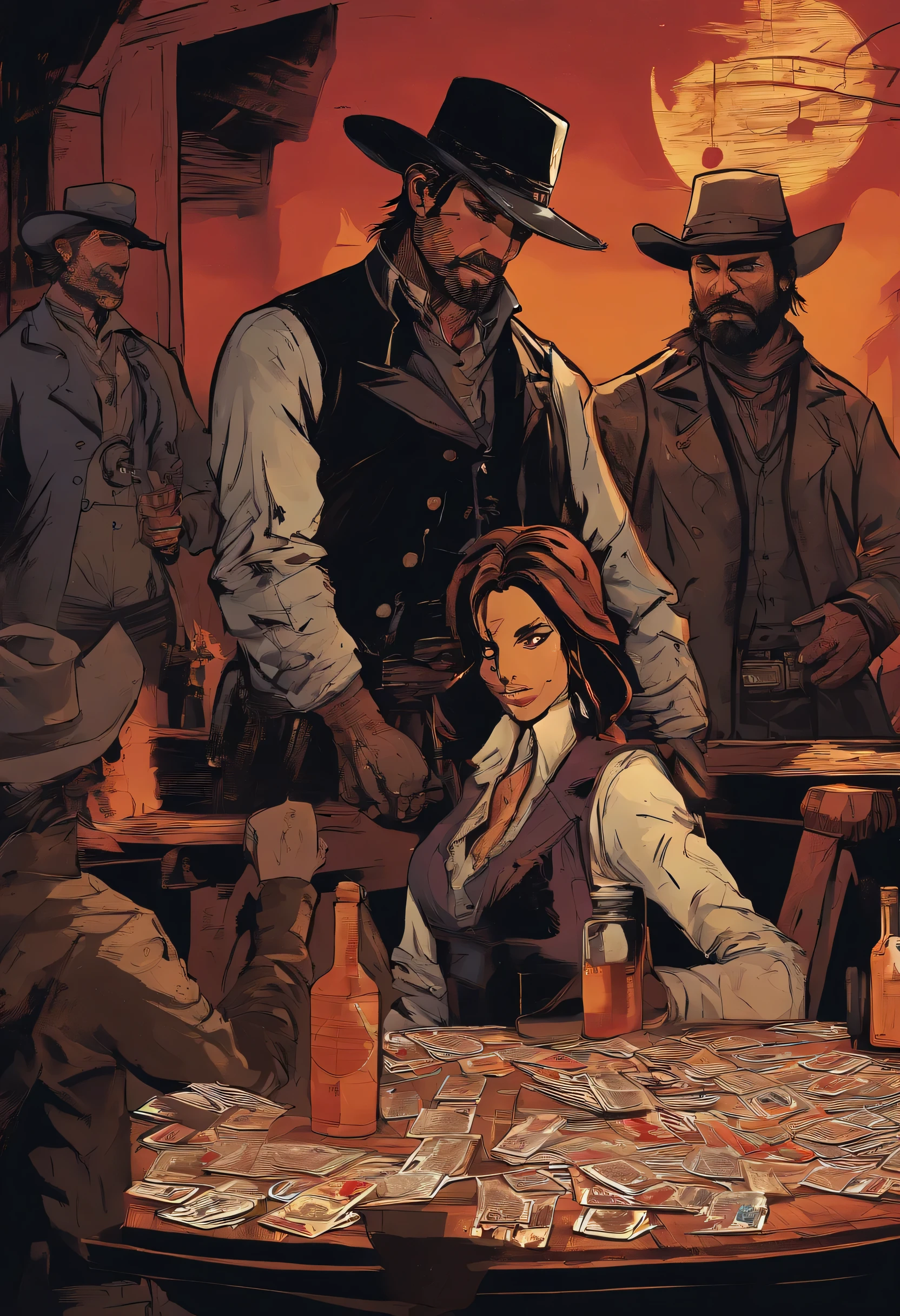 "(Best quality, A high resolution),Red Dead Redemption 2 style,Dark room, Western-style outlaws, 3 men,In a dark room, sitting at a table playing cards, cowboy hats, revolvers, cigarettes, tequila bottles, Narrow beam, Atmospheric shadows, Leather jacket and vest, Old wooden table, Dust particles floating in the air, Sharp focus, gritty texture, Vivid colors, Moody lighting, barmaid flittering in the background