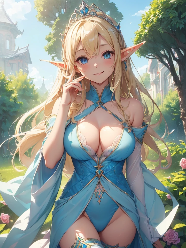 highest quality、Highest image quality、masterpiece、Look at me and welcome、Super beautiful elf goddess((22 years old big bust、bust 90,beautiful long ironed hair、blonde、、slender、Close-up、Esbian、beautiful tiara、High quality、美しいartマステピース、ビジュアルart、Depth of bounds written、blue sky in the morning、elf ears、🎵、A happy smile、gentle light、、Beautiful legs that are gentle on the skin、ticker beautiful decorative、elegant、mystical、art、赤Rose、白Rose、Rose beautiful nature、friendly smile、front、 white body stocking, full body stocking