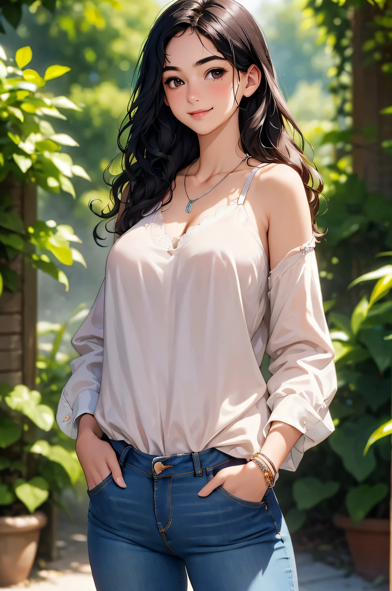 (masterpiece, best quality, hires, high resolution:1.2), (cartoony outlines:1.2), (cute, adorable), (depth of field:1.2), cinematic lighting, bloom, (volumetric fog), (1girl, solo), (natural big breasts), (dark theme), (18yo:1.2), slightly emo, pale skin, slightly rosy cheeks, (long wavy black hair:1.2), tomboy, thick s-shaped eyebrows, dark eyes, (aquiline nose:1.4), smiling, bracelets, simple necklace, jeans, sexy bra, (hands in pockets:1.4)