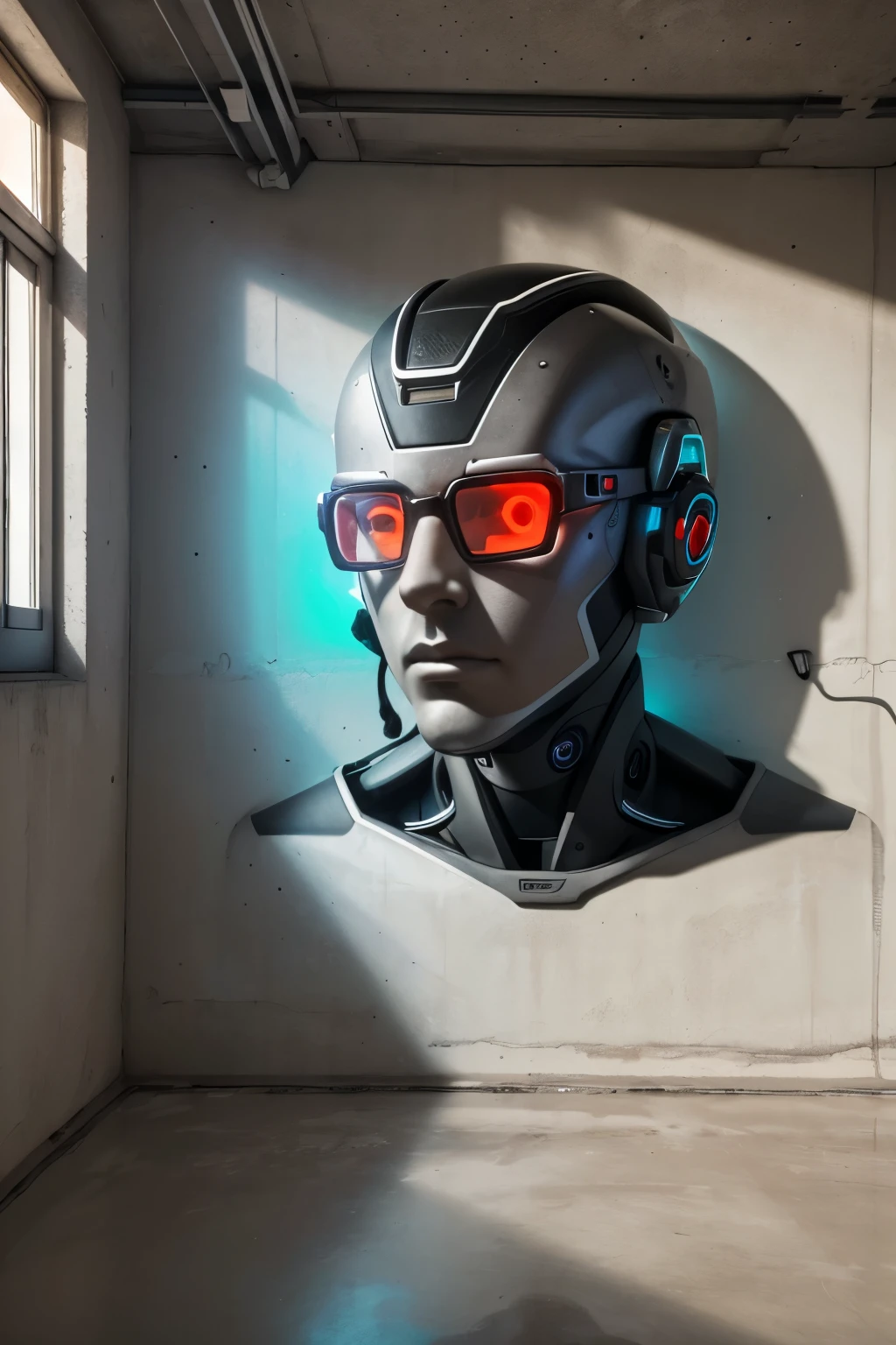 best quality, 32k, RAW photo, incredibly absurdres, extremely detailed, beautiful AI model robot painted on concrete room wall, intelligent, sober, glasses, projection, luminous, large private room
