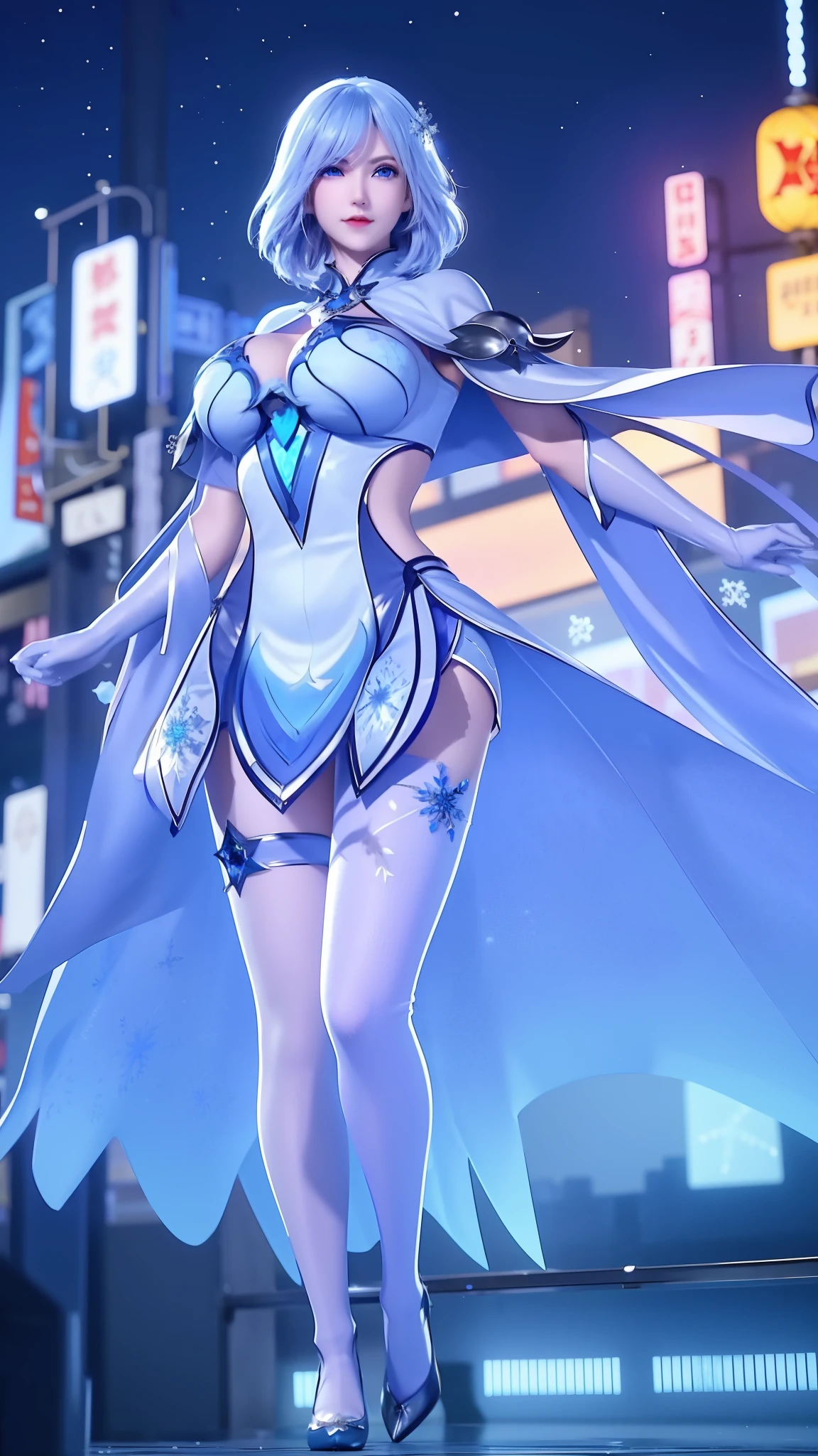 1 girl,adult, cityscape, night,looking at the audience, blue eyes,short skirt,Medium to long white hair, blue hair,cape, white pantyhose,snowflake, floral, jewelry, gem,shining, thigh strap,huge 、huge breasts，4K screen，Dancing，exposing her chest、Show breasts，