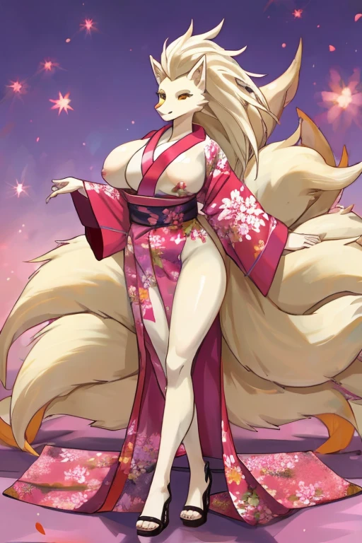 ((Ninetales)), anthropomorphic, big boobs, big ass, pokemorph, (((1girl))), (((red and pink kimono))), cute and sexy, (black sandals), slender, white skin, long legs, smiling