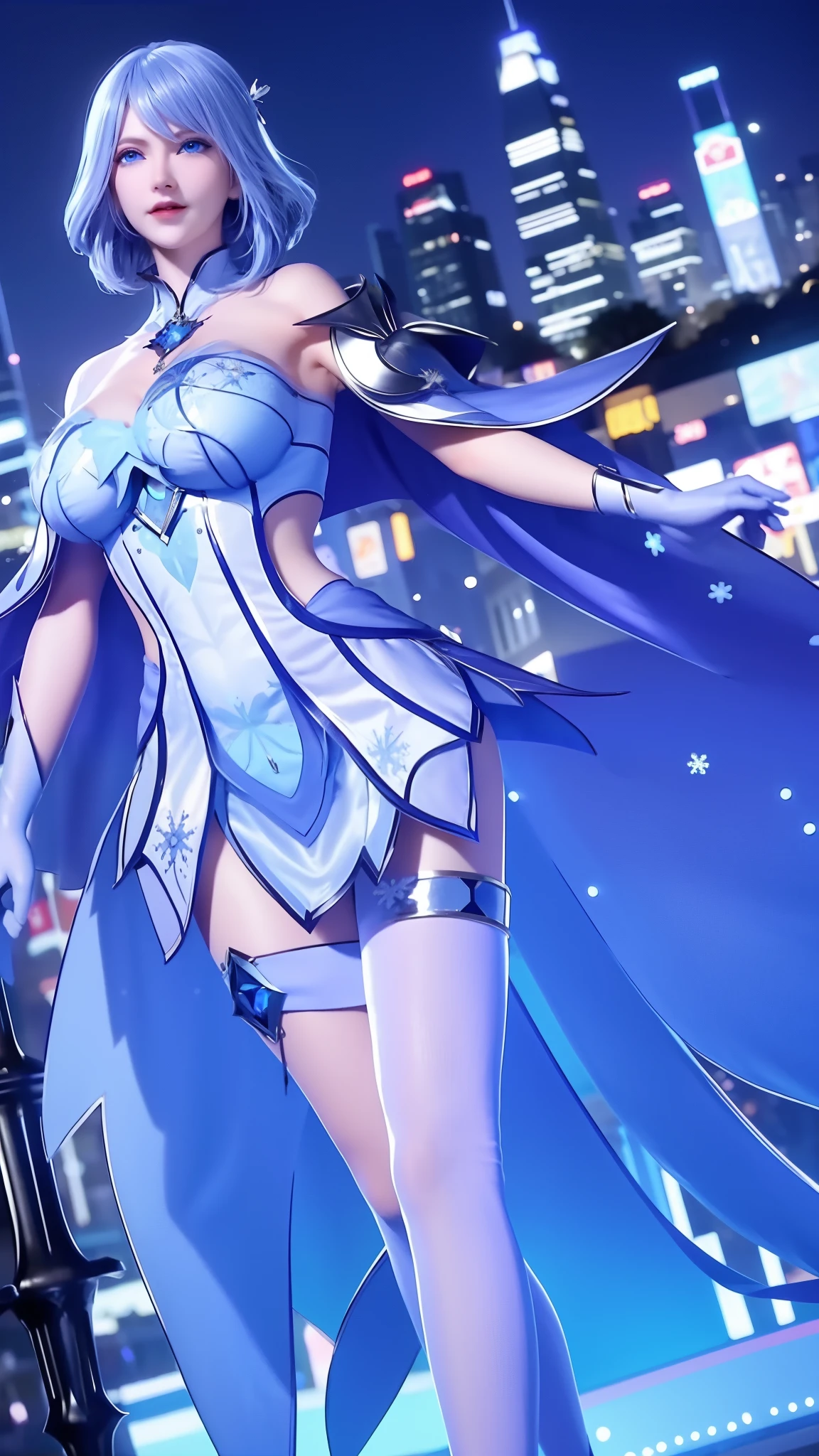 1 girl,adult, cityscape, night,looking at the audience, blue eyes,short skirt,Medium to long white hair, blue hair,cape, white pantyhose,snowflake, floral, jewelry, gem,shining, thigh strap,huge 、huge breasts，4K screen，Dancing，exposing her chest、Show breasts，暴exposing her chest，暴Show breasts，