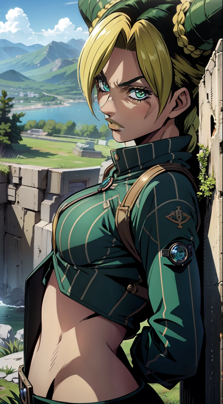 (obra maestra,8k), jolyne (solid metal five gear), on a mountain cliff, nieve, Camera behind