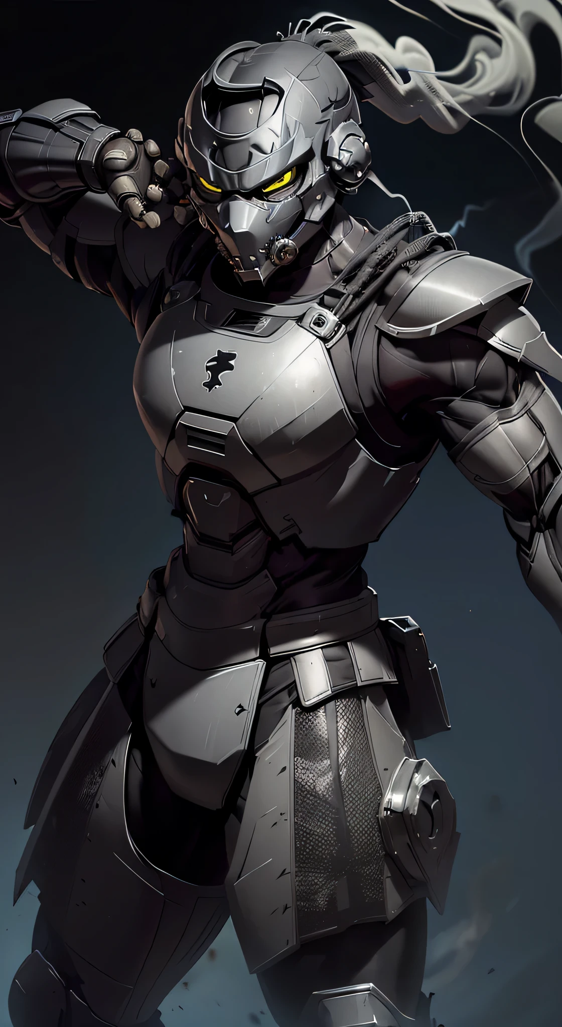 zxcrx, cyborg ninja wearing sleek, (grey and black armour:1.5) that incorporates various mechanical components, his face is covered by a helmet with a (black visor:1.3), arm-mounted blades, energy-based weaponry, ((smoke on background:1.4)), intricate, high detail, sharp focus, dramatic, photorealistic painting art by greg rutkowski