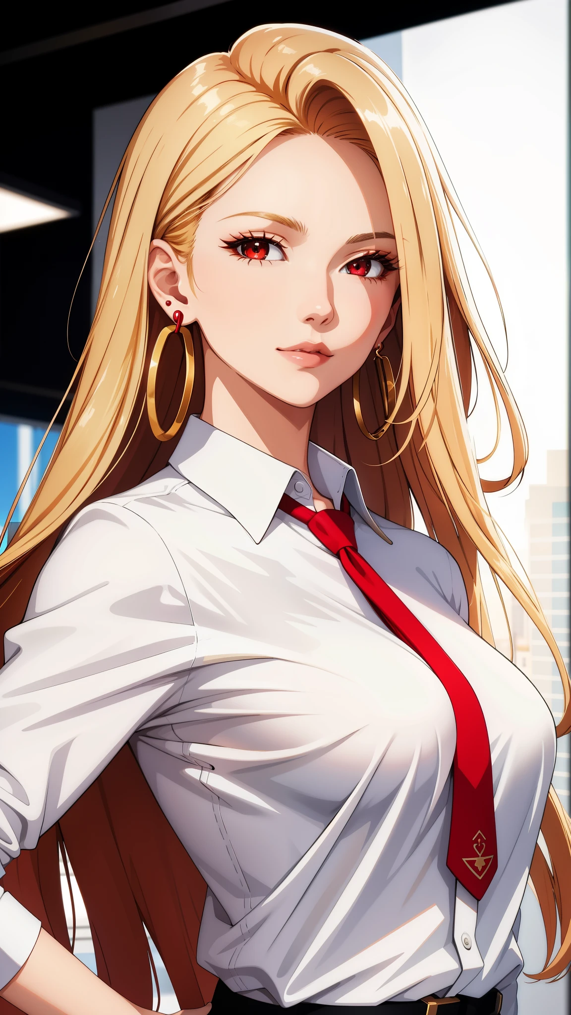 (best quality, highres), mature female, cool girl, long hair, [[[brown hair]]], blonde hair, white shirt, red eyes, earrings, office background, detailed facial features, confident pose, vibrant colors