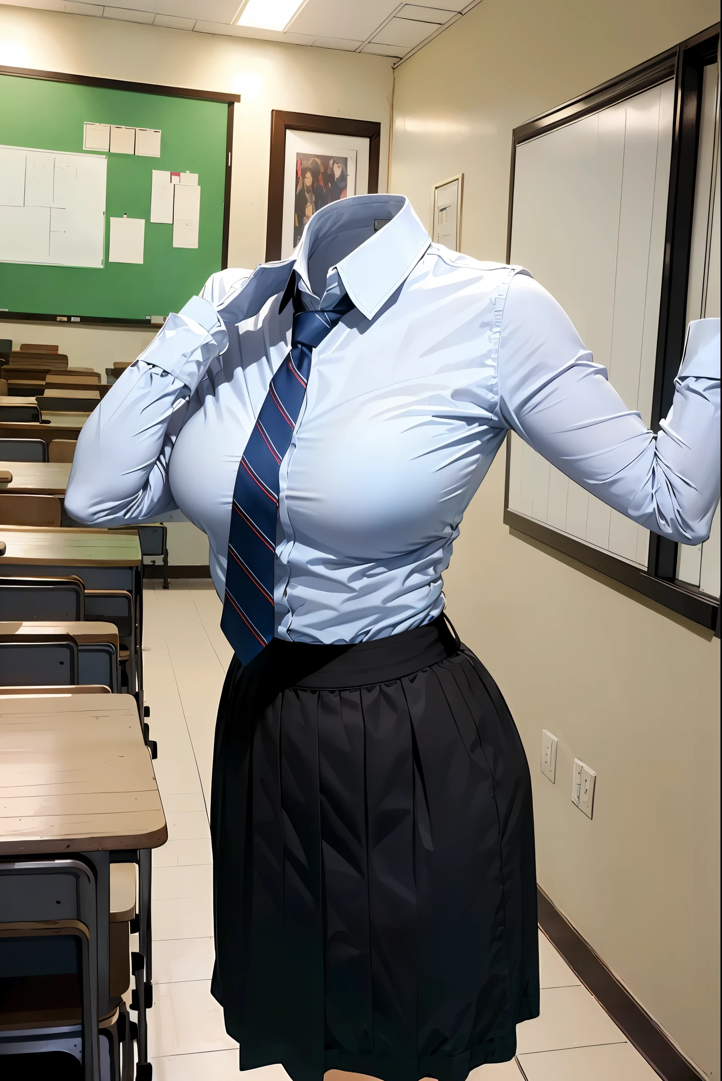 long sleeve, classroom, white shirt, Blue Stripe Tie, dark gray skirt, School Ties, (cute pose), (invisible, there are no humans, headless, faceless:1.5), (cute big breasts), (Close-up shot of the chest), Hotton Mapping, radio city, Physically based rendering