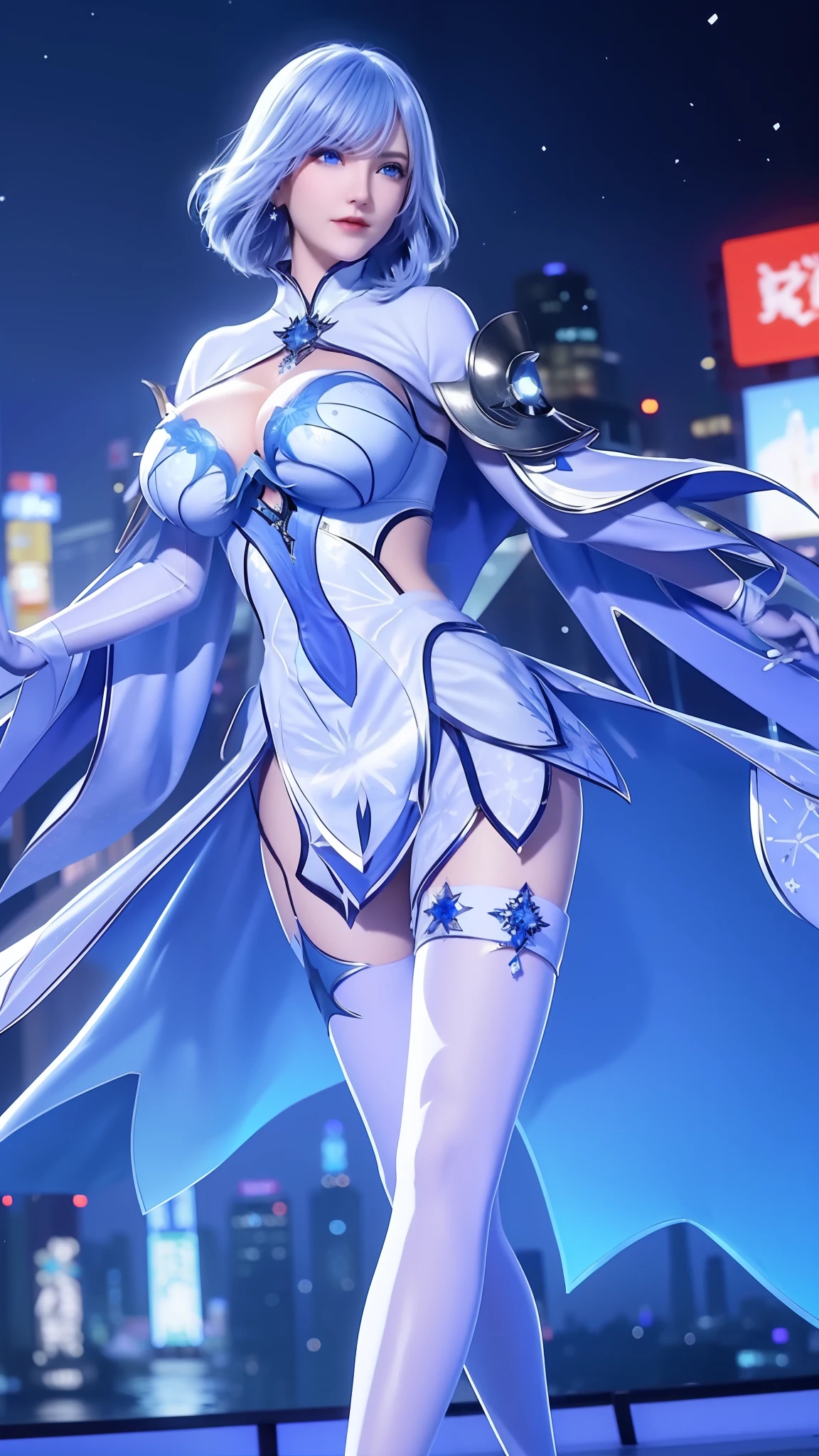1 girl,adult, cityscape, night,looking at the audience, blue eyes,short skirt,Medium to long white hair, blue hair,cape, white pantyhose,snowflake, floral, jewelry, gem,shining, thigh strap,huge 、huge breasts,4K screen,Dancing,exposing her chest、Show breasts,暴exposing her chest,暴Show breasts,