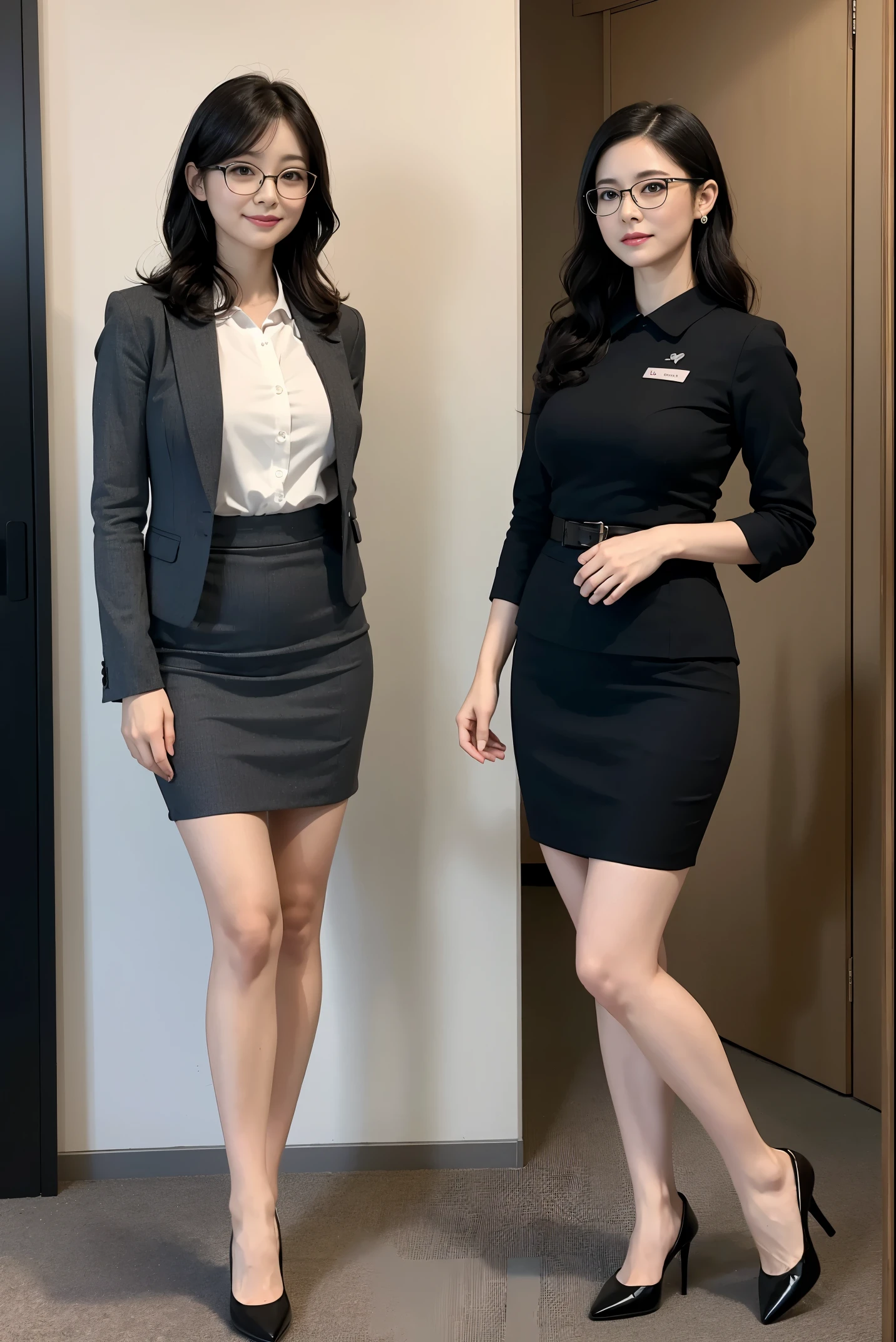 (super highest quality、In 8K、Masseter muscle part、delicate illustrations、Full body Esbian),Beautiful Japanese office lady in her 40s、plump body、fiss lady suit(skirt type)、curly black hair、Glasses