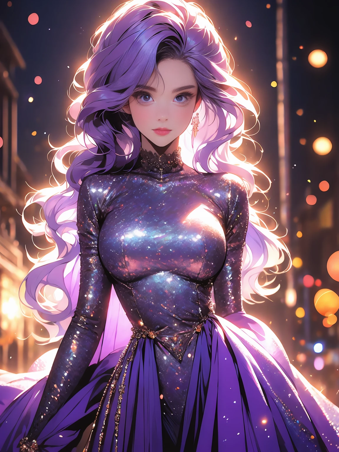 Standing , spread legs,
purple outfit,military, military uniform,
purple hair,purple eyes, bangs, wavy hair,makeup,
1 girl, 20yo,Young female,Beautiful Finger,Beautiful long legs,Beautiful body,
Beautiful Nose,Beautiful character design, perfect eyes, perfect face,expressive eyes,perfect balance,
looking at viewer,(Focus on her face),closed mouth, (innocent_big_eyes:1.0),(Light_Smile:0.3),
official art,extremely detailed CG unity 8k wallpaper, perfect lighting,Colorful, Bright_Front_face_Lighting,White skin,
(masterpiece:1.0),(best_quality:1.0), ultra high res,4K,ultra-detailed,
photography, 8K, HDR, highres, absurdres:1.2, Kodak portra 400, film grain, blurry background, bokeh:1.2, lens flare, (vibrant_color:1.2),professional photograph,
(Beautiful,huge_Breasts:1.0), (beautiful_face:1.5),(narrow_waist),