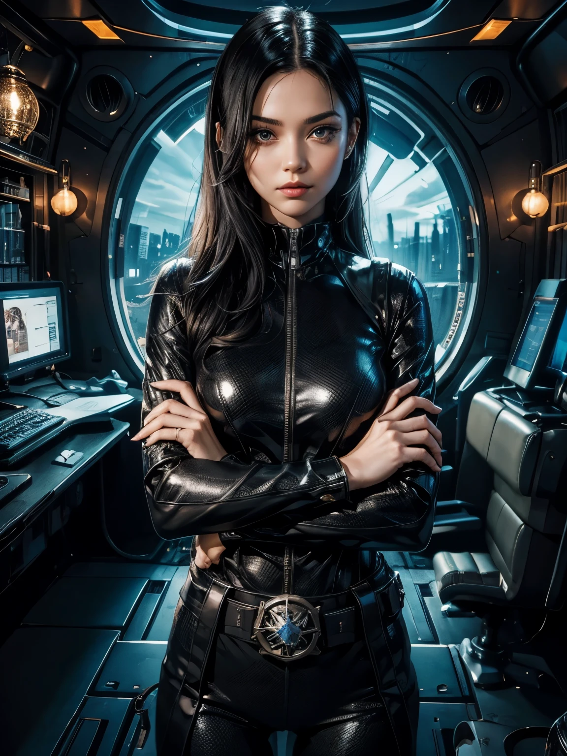 beautiful woman. She has black hair with bangs down.she has his arms folded. He is looking at the camera with a challenging expression. She wears a black, metallic combat uniform. Around his waist he wears a belt with a large round blue jewel embedded in it. She is inside a spaceship, and behind her is the spaceship's luxurious command seat. Beautiful double eyes. The bridge of my nose. Well-shaped lips.