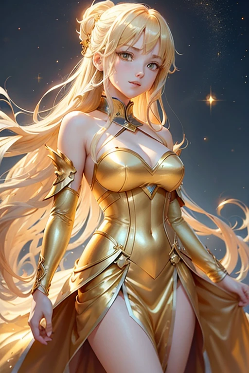 shine and shimmer of metallic material, in the style of glimmering light effect,ethereal portrait painting,oil painting,cute angel flying,smile,yellow eyes,blonde hair,long wavy hair,yellow dress,golden angel wings,golden effect,full body, happycore,realistic color pallet,soft focus lens,intricately detailed,cute and dreamy, no outline