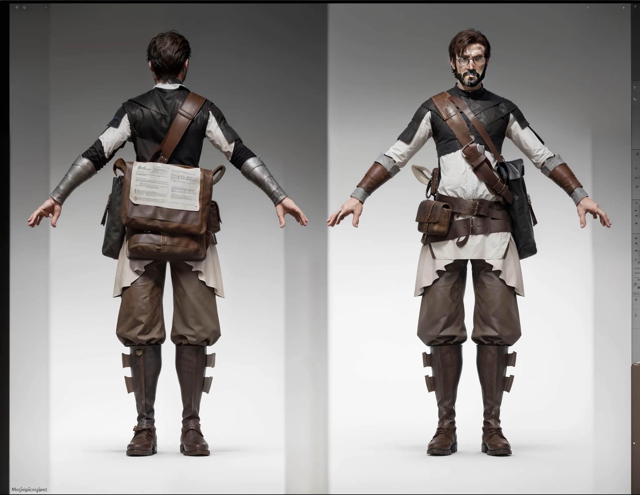 (Realistic:1.33),(masterpiece:1.1),(highest quality:1.1),(HDR:1),a close up of a man with a medieval fantasy bag and a backpack, full body character concept, full body concept, detailed full body concept art, concept shirt, detailed full body concept, full body concept art, philosopher medieval style character, game character design, concept character, full body character concept art, 3 d character reference sheet, male, video game character concept, detailed character design, character sheet, character model sheet turnaround , front and back, front and back, medieval philosopher wearing black and white shirt with leather bag full of paper, white and black costume, philosopher glasses, ( brown leather boots ), waist leather bag, Shoulder Armor with Moonlit Edges, grey clean background
