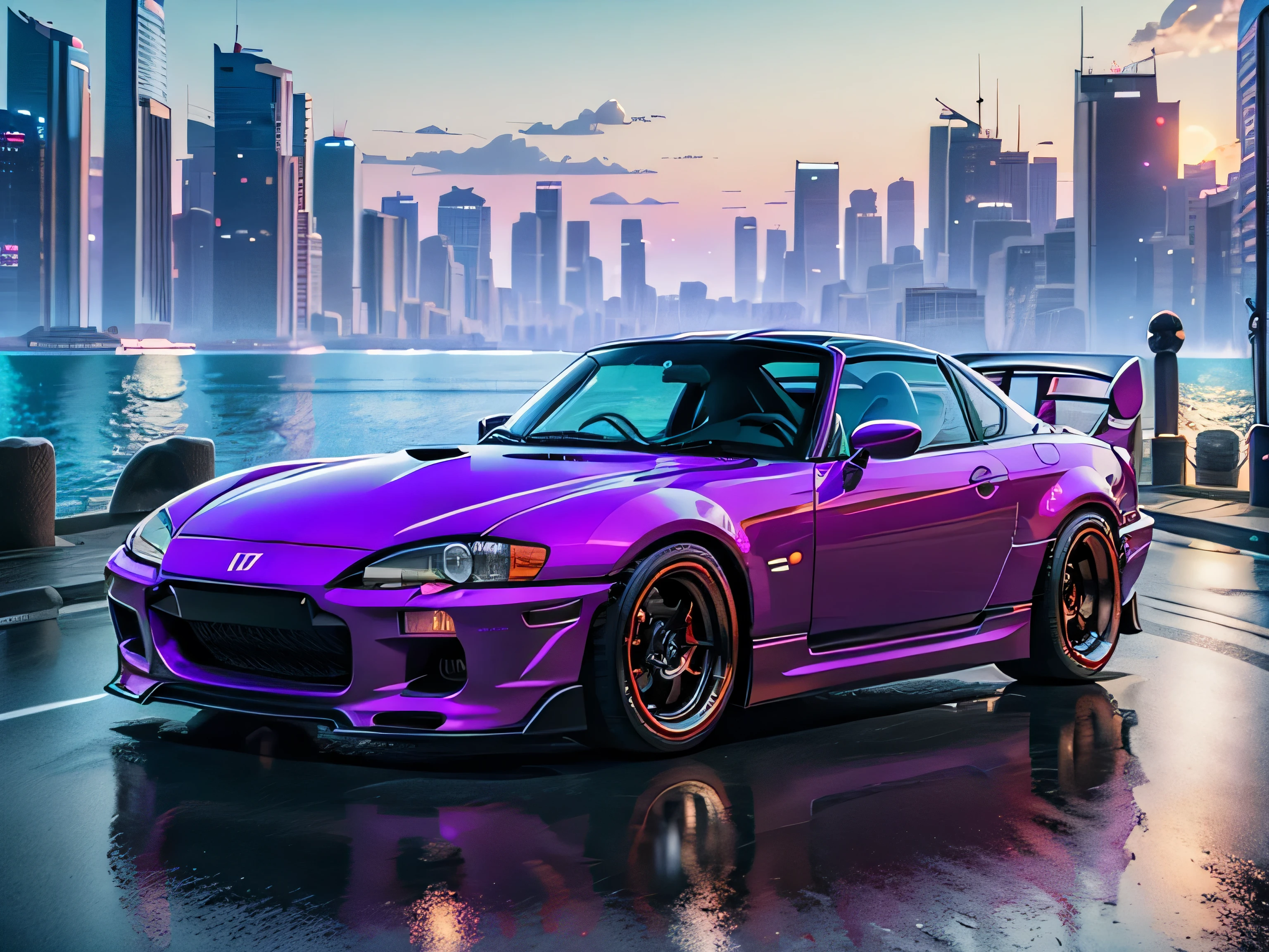 Reverse wave. City, honda s2000, wide-body kit, road, purple neon, sun, close-up
(masterpiece, detailed, high resolution),1girl posing, sexy micro shorts, look t-shirt, extremely beautiful and sexy