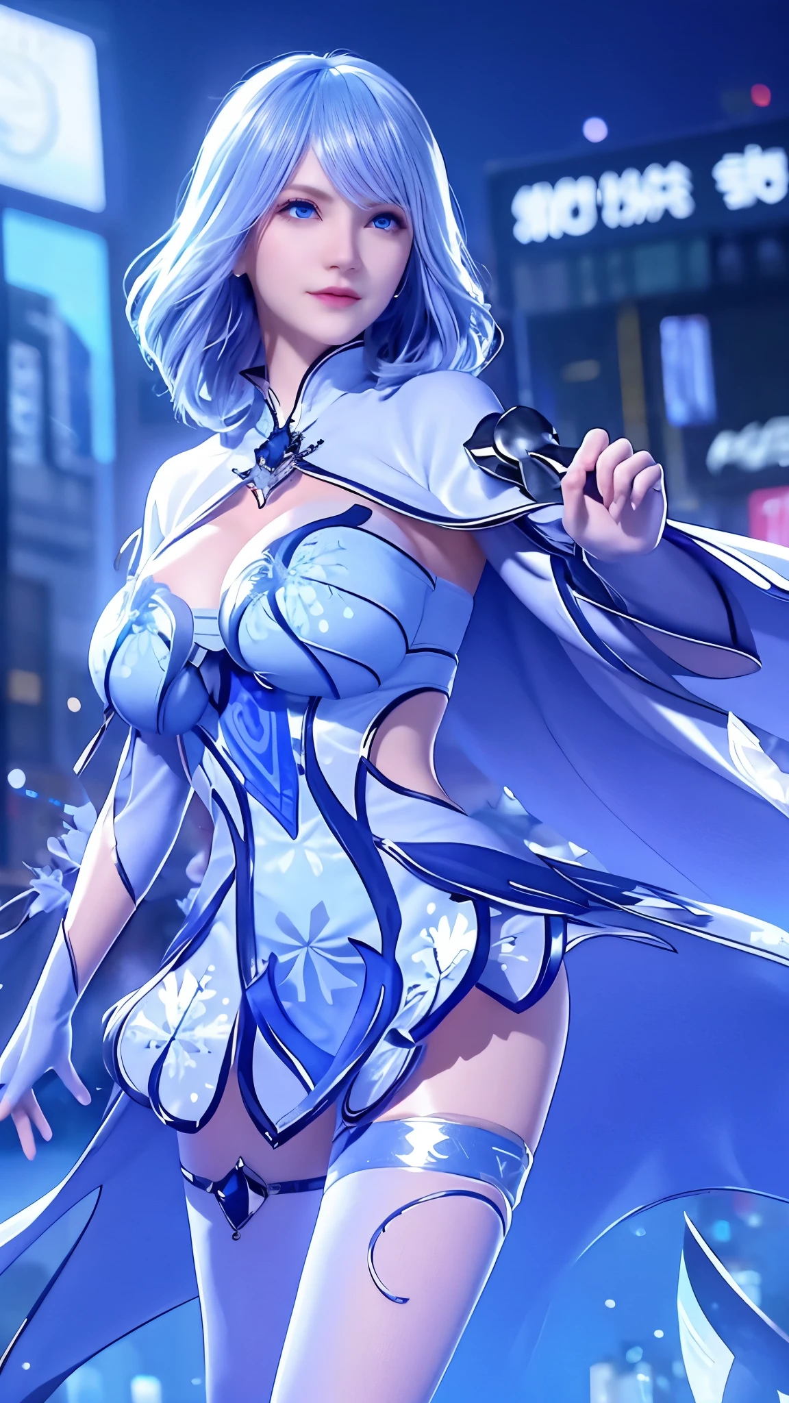 1 girl,adult, cityscape, night,looking at the audience, blue eyes,short skirt,Medium to long white hair, blue hair,cape, white pantyhose,snowflake, floral, jewelry, gem,shining, thigh strap,huge 、huge breasts,4K screen,Dancing,exposing her chest、Show breasts,暴exposing her chest,暴Show breasts,
