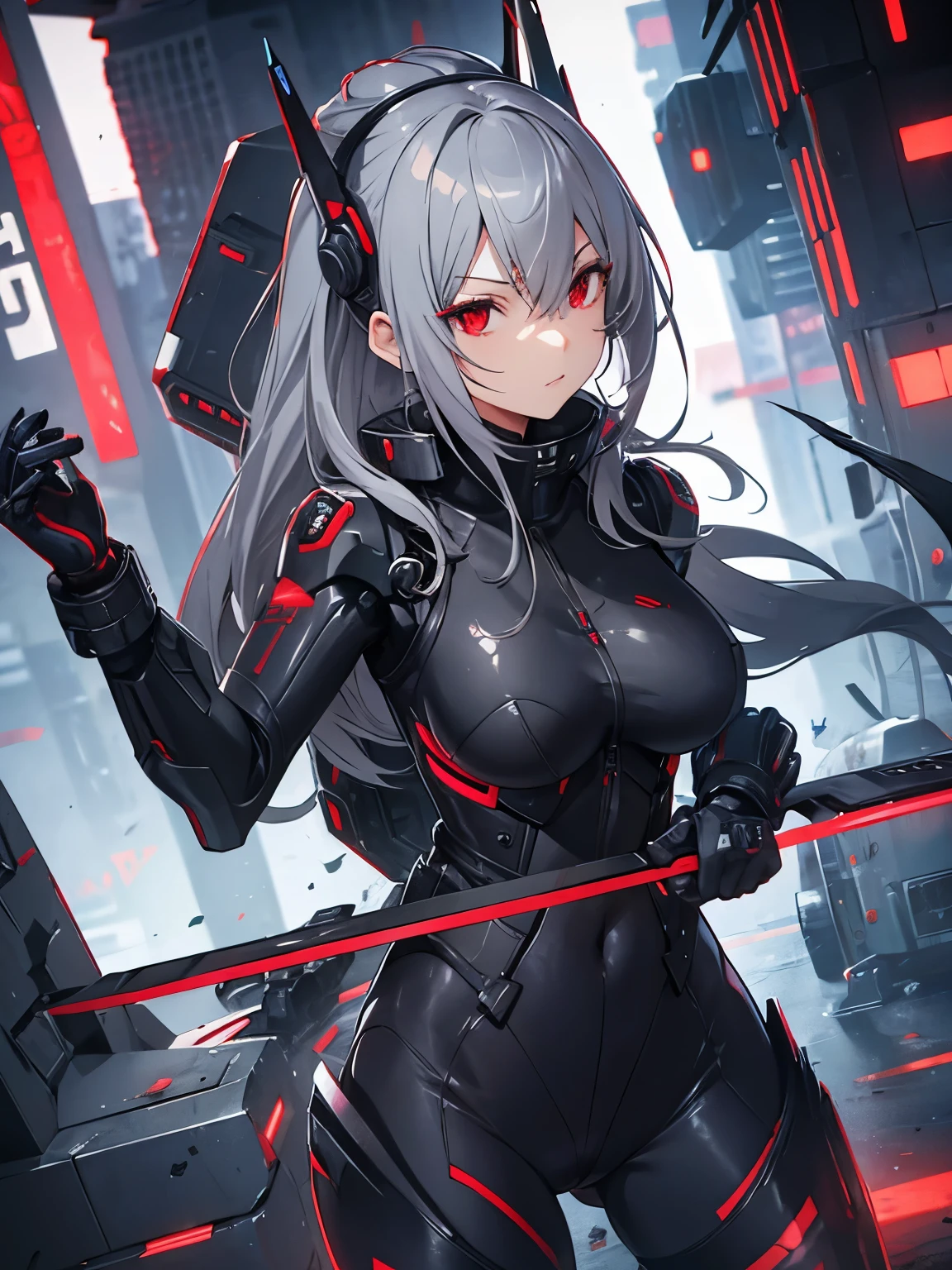 gray hair　red eye　rubber suit　knife　cyber punk　1 person　tits　butt　thighs　battle　battle　robot