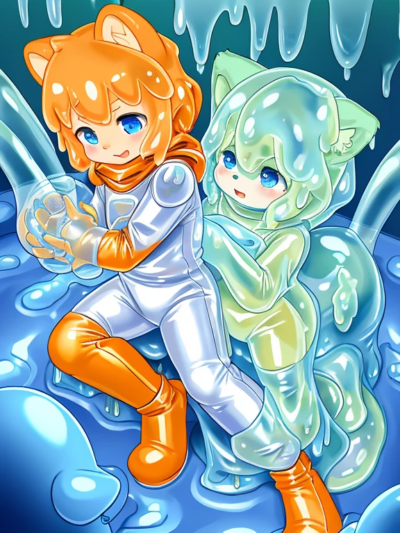 Cubs,covered by slime,slime,light orange cuollars,covered by slime,fall((full of silver slime)),protective suits,Entangled in slime
