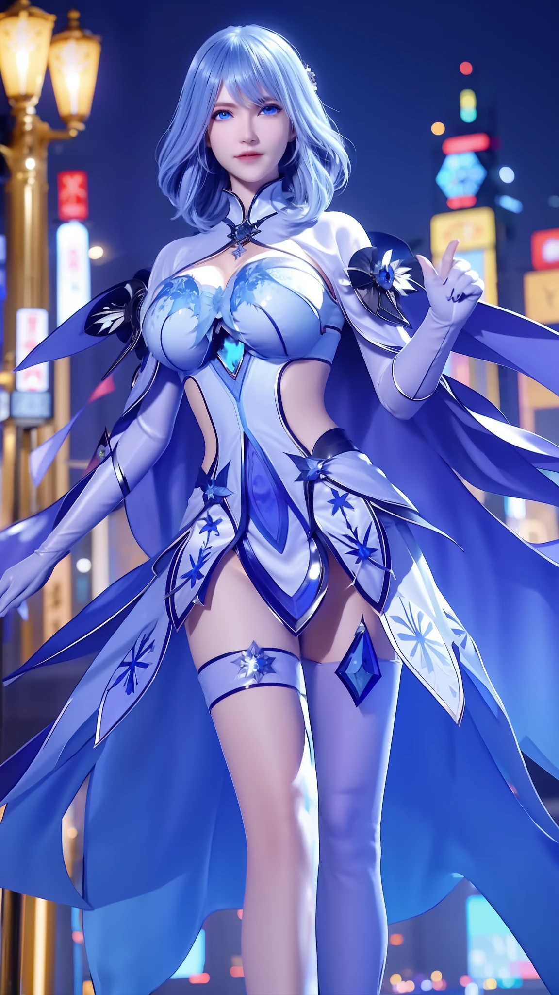 1 girl,adult, cityscape, night,looking at the audience, blue eyes,short skirt,Medium to long white hair, blue hair,cape, white pantyhose,snowflake, floral, jewelry, gem,shining, thigh strap,huge 、huge breasts，4K screen，Dancing，exposing her chest、Show breasts，暴exposing her chest，暴Show breasts，