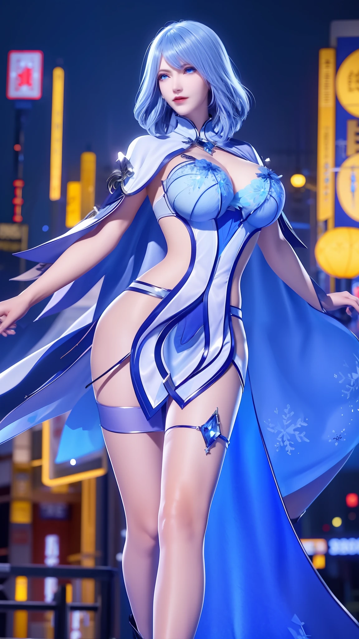 1 girl,adult, cityscape, night,looking at the audience, blue eyes,short skirt,Medium to long white hair, blue hair,cape, white pantyhose,snowflake, floral, jewelry, gem,shining, thigh strap,huge 、huge breasts,4K screen,Dancing,exposing her chest、Show breasts,暴exposing her chest,暴Show breasts,