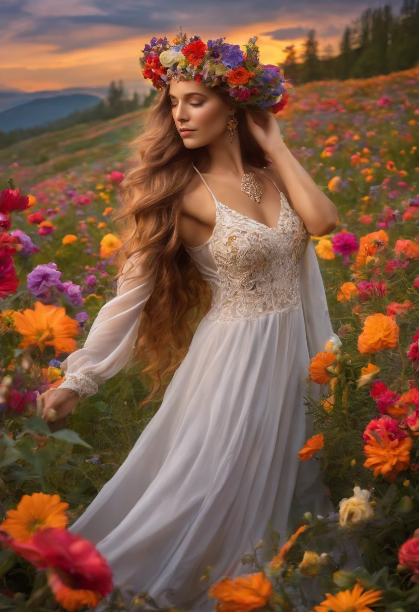 a woman with long hair and flowers in her hair, flower goddess, psychedelic goddess, a goddess in a field of flowers, wearing psychedelic wicca, mother nature, psychedelic flowing hair, psychedelic art, psychedelic art style, goddess of nature, beautiful color art!, beautiful spectrum of vibrancy, colorful intricate masterpiece, woman in flowers, intricate colorful masterpiece, beautiful and colorful