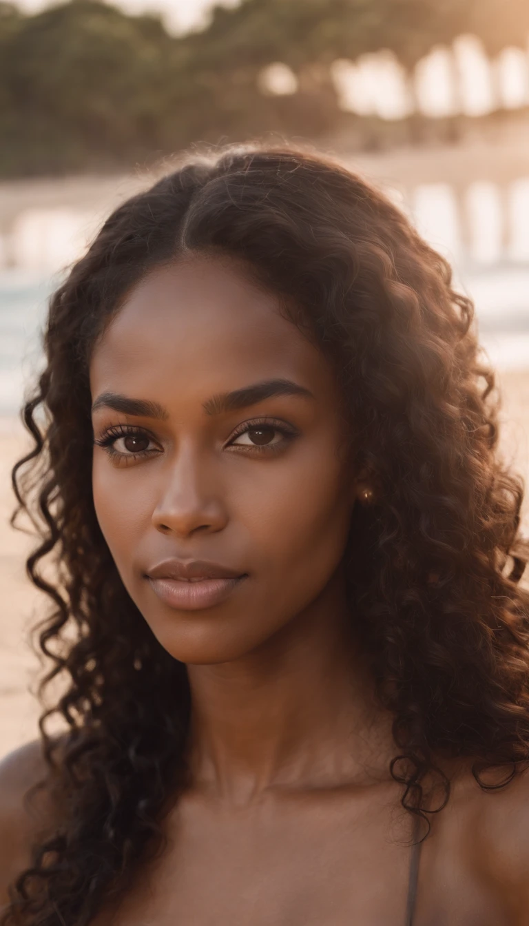 A beautiful and amazing black Brazilian woman,with long curly hair, Portrait of the upper body, on the beach in a bikini