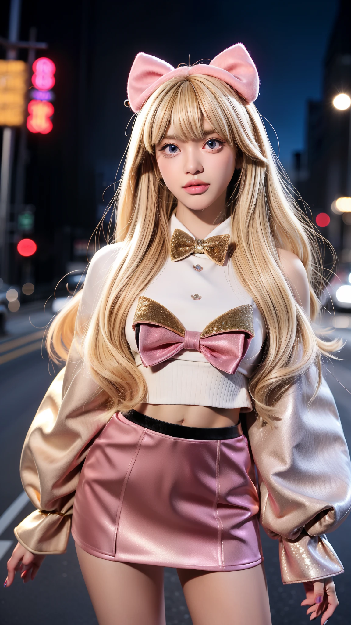 Blonde fluffy hair with bangs, Trapped In Glitz Long Sleeve Top, mini skirt has a velvet construction, faux fur trim, a front bow applique, and an all over Bratz glitter print, beautiful eyes, Striking a pose, innocent, on los angeles street, night, upper image, midshot, centered image, two meters distance for shoot