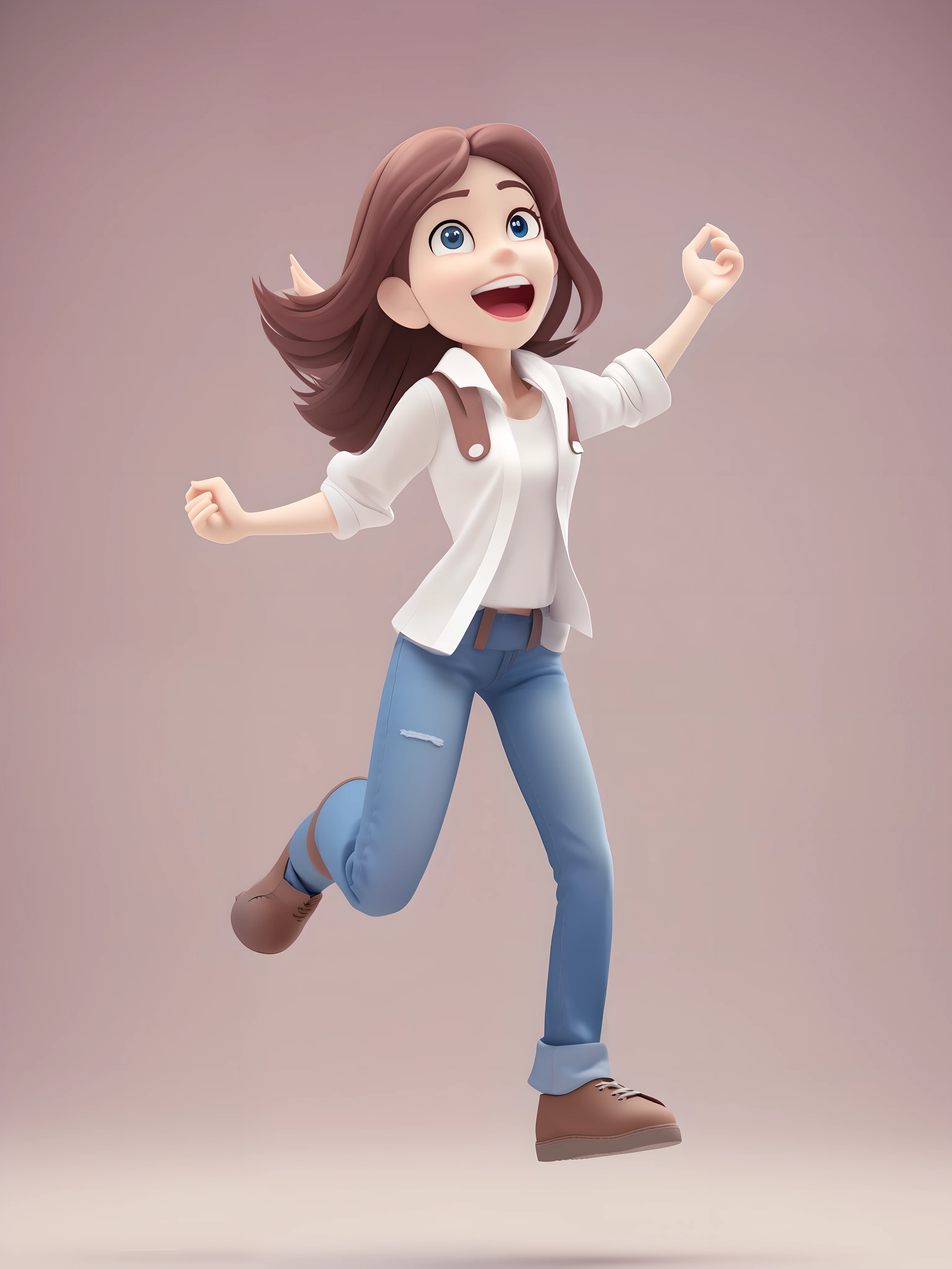 a woman in jeans and a white shirt is jumping, animation character, character is in her natural pose, cartoon character, dancing character, 3d character, 3 d character, character posing, merged character, game character, official character art, arnold maya render, full body single character, full body character, animated character design, promotional render, running pose