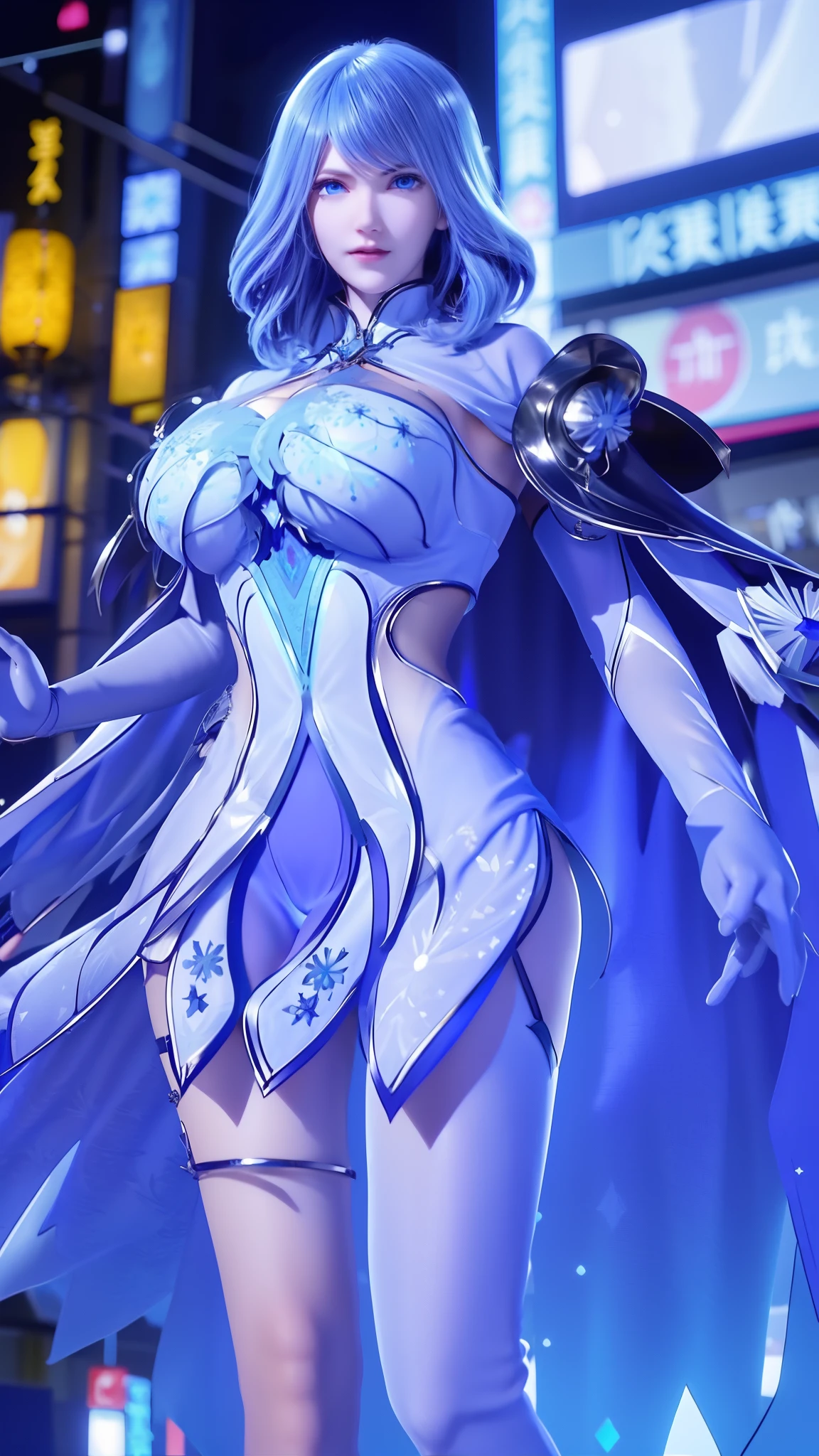 1 girl,adult, cityscape, night,looking at the audience, blue eyes,short skirt,Medium to long white hair, blue hair,cape, white pantyhose,snowflake, floral, jewelry, gem,shining, thigh strap,huge 、huge breasts，4K screen，Dancing，exposing her chest、Show breasts，暴exposing her chest，暴Show breasts，