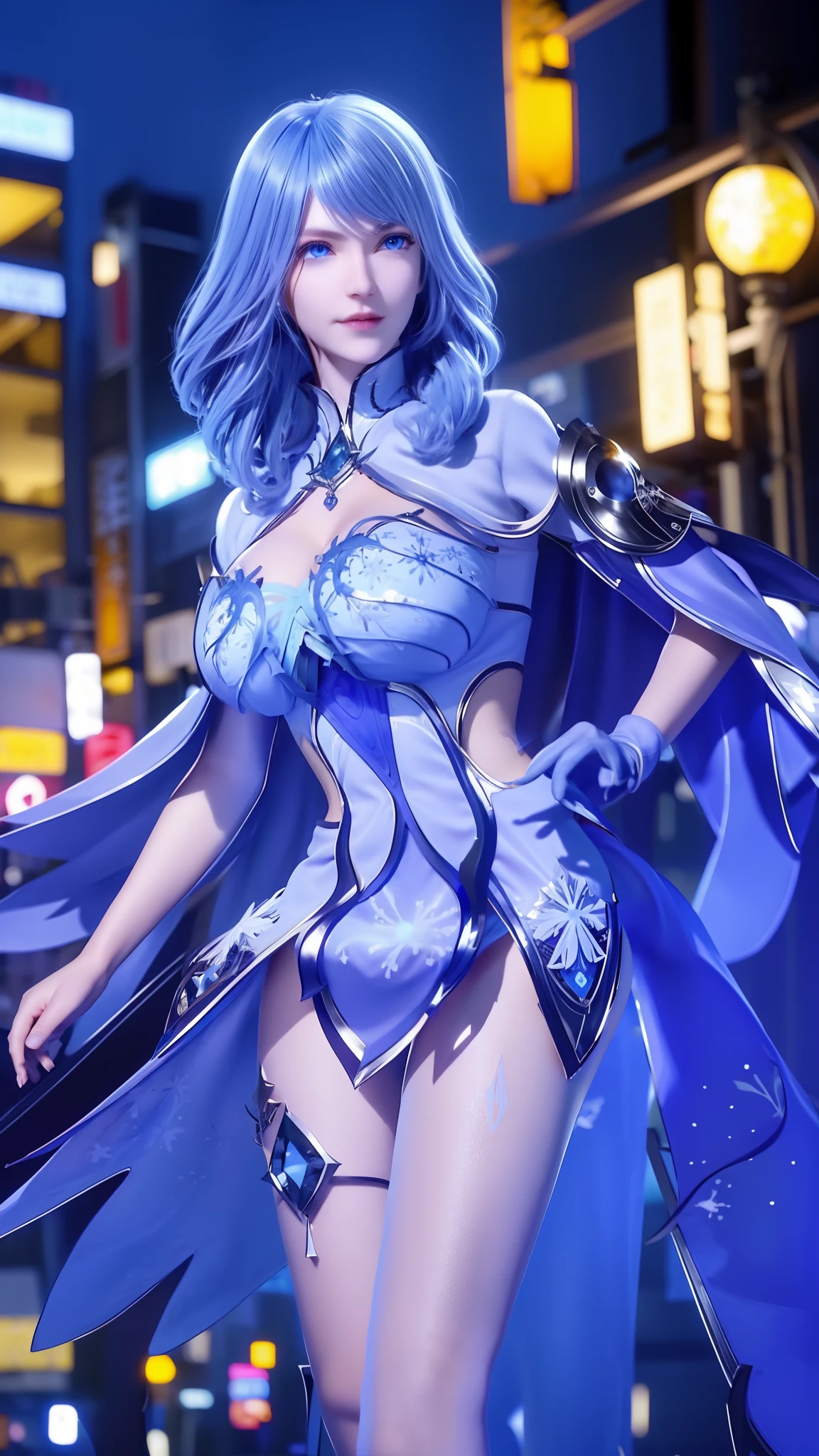 1 girl,adult, cityscape, night,looking at the audience, blue eyes,short skirt,Medium to long white hair, blue hair,cape, white pantyhose,snowflake, floral, jewelry, gem,shining, thigh strap,huge 、huge breasts，4K screen，Dancing，exposing her chest、Show breasts，暴exposing her chest，暴Show breasts，