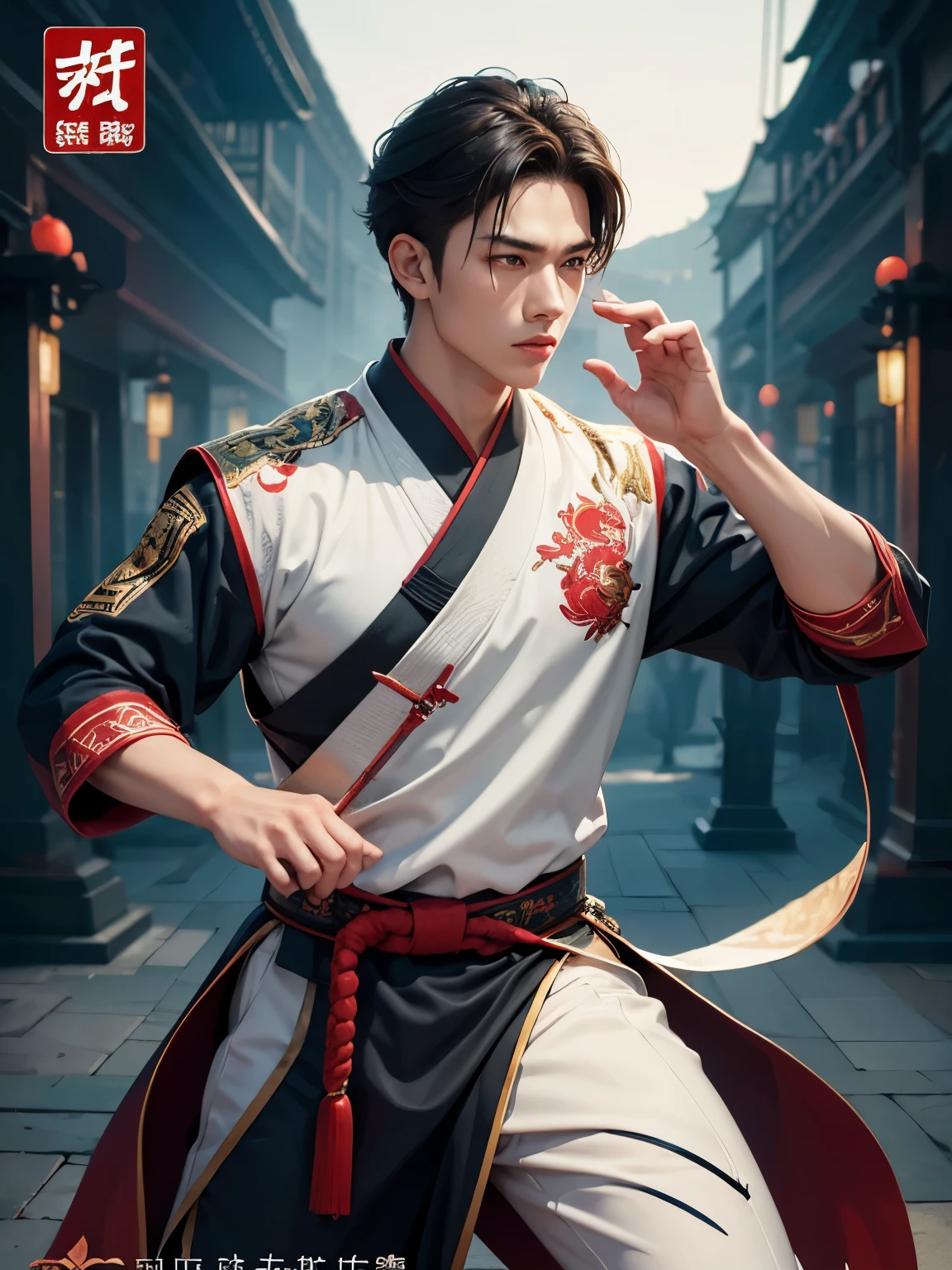 novel cover，young man，Martial arts style，handsome，China，Exocet suit，Embroidered spring knife，Jinyiwei，The background is mysterious，high quality，court，standing posture