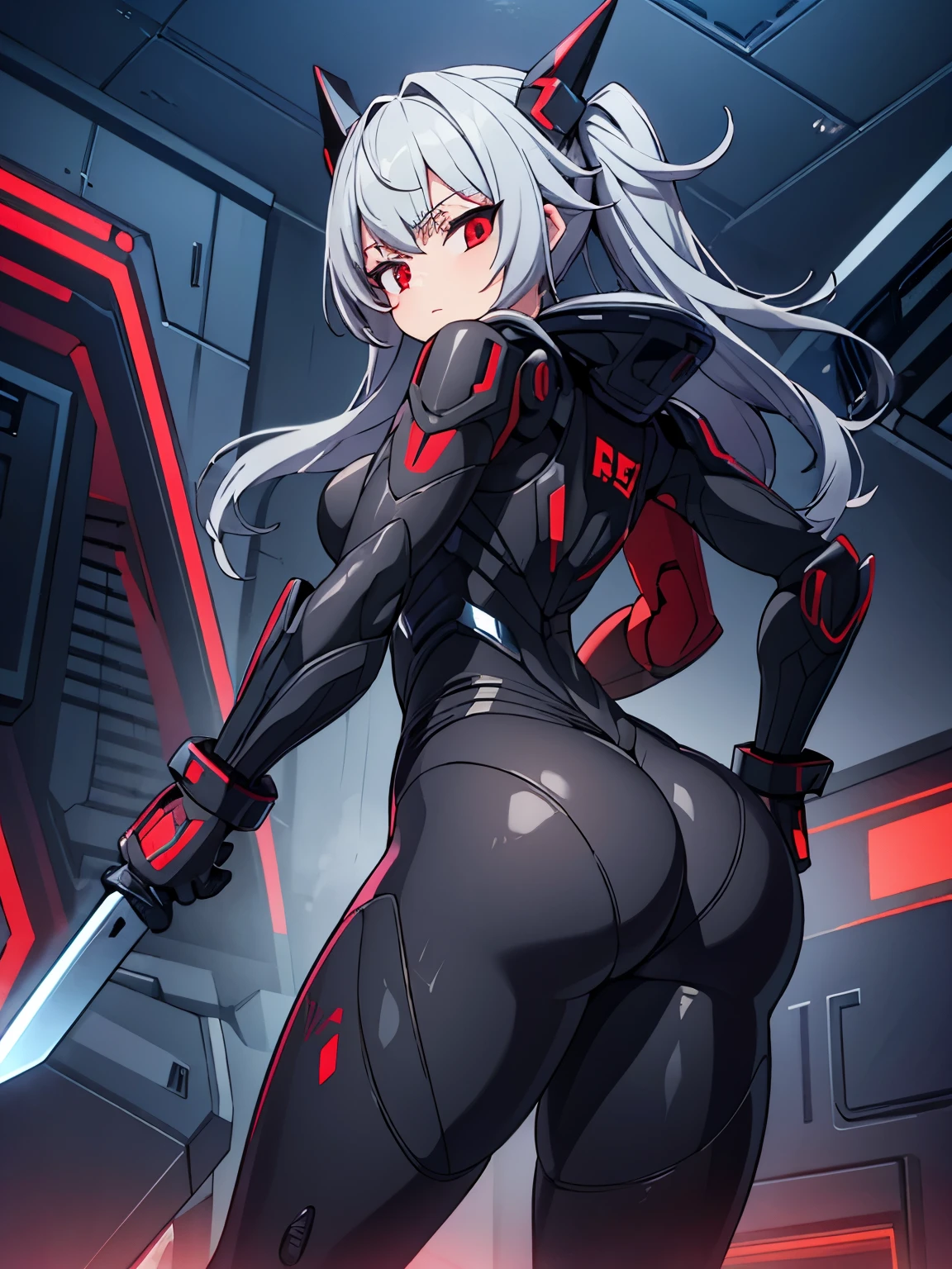gray hair red eye rubber suit knife cyber punk 1 person tits butt thighs battle battle robot