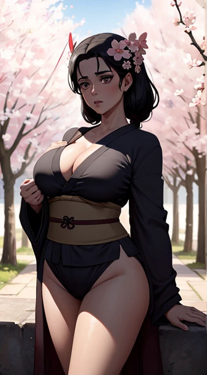 (masterpiece), best quality, expressive black eyes, perfect face, massive boobs, standing, wearing a kimono, cherry blossom trees background, flowers on her head,front facing, black hair, thigh legs , Carla Yeager