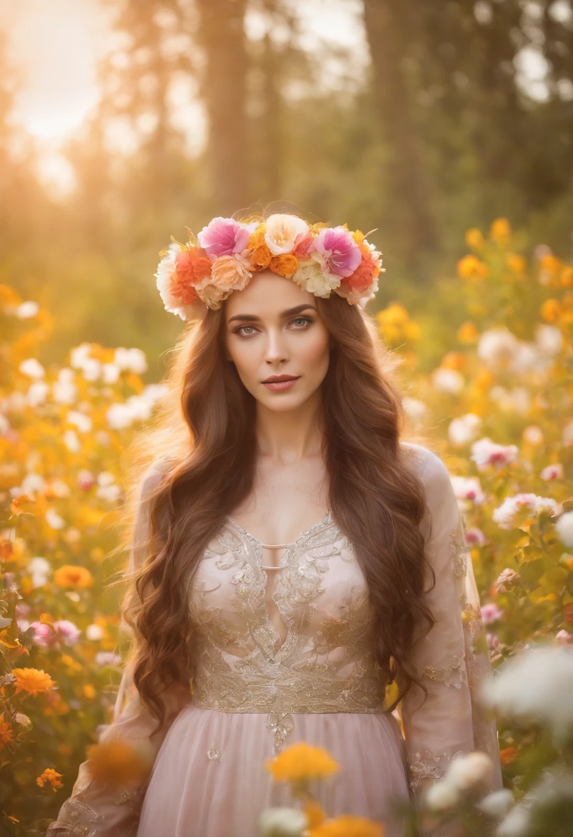 a woman with long hair and flowers in her hair, flower goddess, psychedelic goddess, a goddess in a field of flowers, wearing psychedelic wicca, mother nature, psychedelic flowing hair, psychedelic art, psychedelic art style, goddess of nature, beautiful color art!, beautiful spectrum of vibrancy, colorful intricate masterpiece, woman in flowers, intricate colorful masterpiece, beautiful and colorful