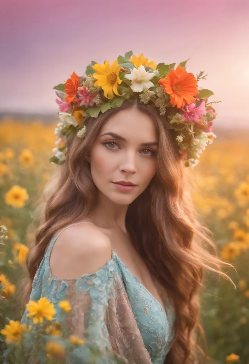 a woman with long hair and flowers in her hair, flower goddess, psychedelic goddess, a goddess in a field of flowers, wearing psychedelic wicca, mother nature, psychedelic flowing hair, psychedelic art, psychedelic art style, goddess of nature, beautiful color art!, beautiful spectrum of vibrancy, colorful intricate masterpiece, woman in flowers, intricate colorful masterpiece, beautiful and colorful