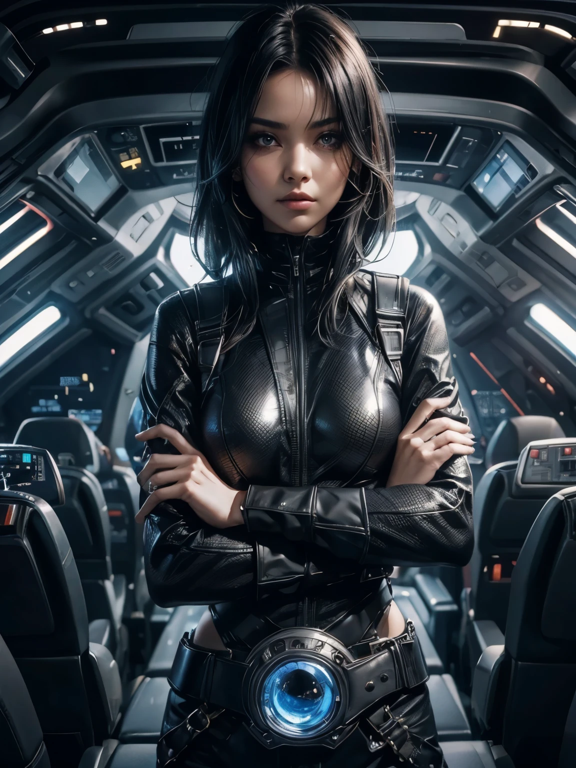 A beautiful woman. Twenty-five years old. Black hair. Beautiful double eyes. The bridge of my nose. Well-shaped lips. She is looking at the camera with a defiant expression. She wears black metallic combat uniform. There is something on his waist that is reminiscent of Kamen Rider's transformation belt. She is sitting in the command seat of Starfleet. Outer space can be seen outside the window.
