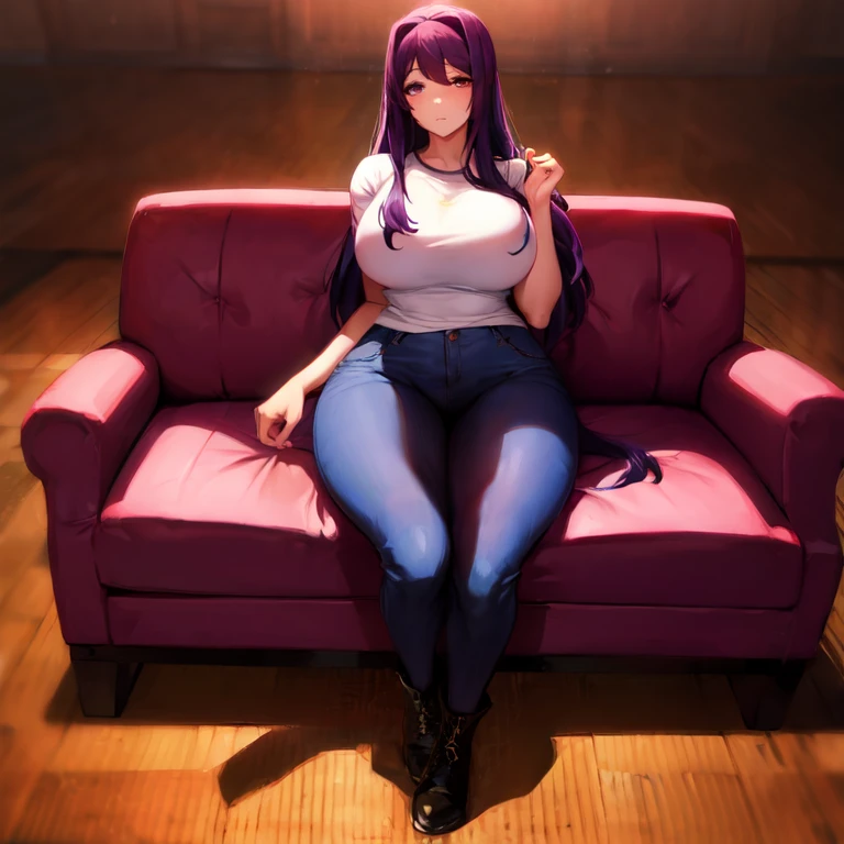 Yuri wearing a white t shirt, blue jeans, and knee high lace up boots Large breasts, thick thighs, cute, full body image, long hair, quality images, (high quality faces), living room, standing