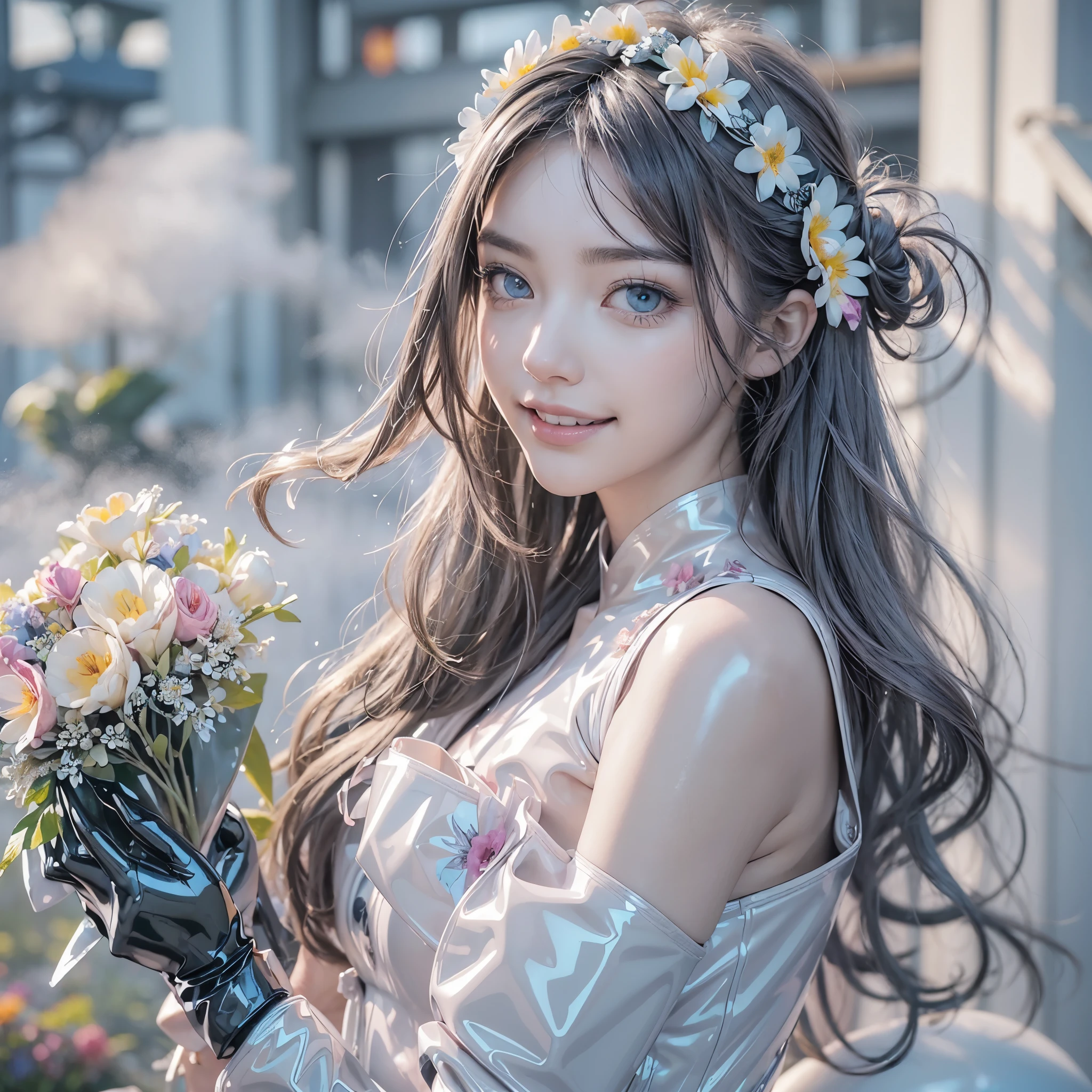 (anime:1.2), (fake Flower art:1.5), (gorgeous, elegant, luxury), (beautiful still life painting art), ultra detailed, beautiful, masterpiece, best quality, 
_
BREAK (1girl:1.2), 22 years old, 160 cm, Japanese cute model, Tightened all body, medium Breasts, cleavage, small head, small face, diamond Face, small nose, Sharp Faceline, Detailed face, Detailed eyes, young hands and fingers, beautiful hands and fingers, five fingers, 
_
BREAK (happy, smile, Glossy Lips:1.4), (Light color lips, Half open mouth, beautiful Teeth:1.2), (dropy eyes, Double eyelid, light color eyes, Shiny eyes:1.5), Shiny skin, 
_
BREAK (arranged hairstyle:1.6), (gray hair:1.2), shiny hair, 
_
BREAK (White theme:1.3), (blurry background, mist, fog:1.7),
_
BREAK (Colored-latex Artificial flower:1.7), (White latex petals in vibrant hues Artificial flower), (hold a single latex Artificial flower in both hands:1.5),
_ BREAK (latex corset with Artificial flower:1.2), (sleeveless latex top with Artificial flower accents:1.2), (latex gloves with tulip motifs:1.2), 
_ BREAK
 (holding the latex Artificial flower delicately in both hands:1.5),  (soft focus on a latex Artificial flower field:1.3), (Bust up, face fours, looking viewer :1.6),