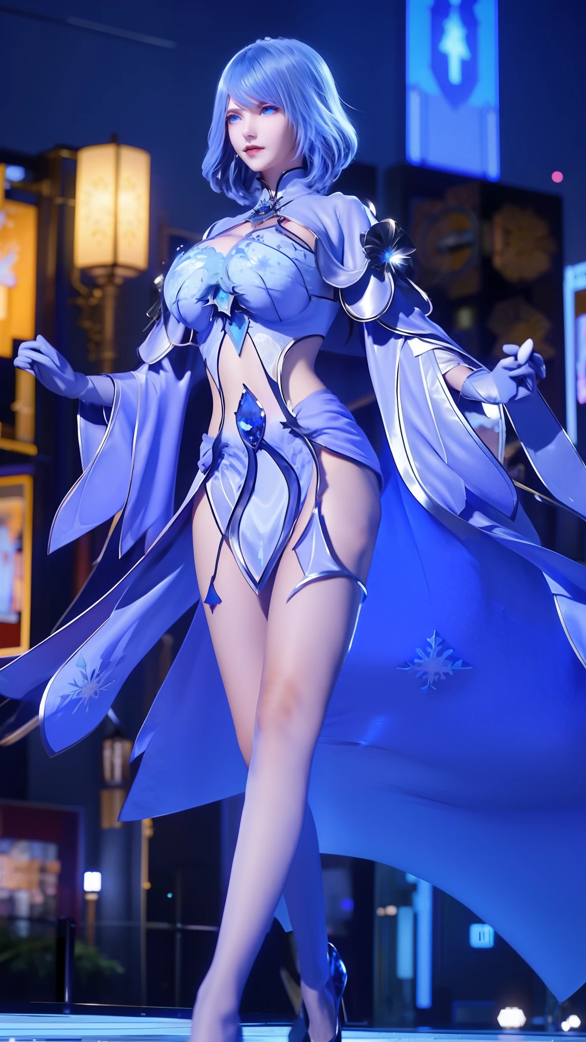 1 girl,adult, cityscape, night,looking at the audience, blue eyes,short skirt,Medium to long white hair, blue hair,cape, white pantyhose,snowflake, floral, jewelry, gem,shining, thigh strap,huge 、huge breasts，4K screen，Dancing，exposing her chest、Show breasts，暴exposing her chest，暴Show breasts，