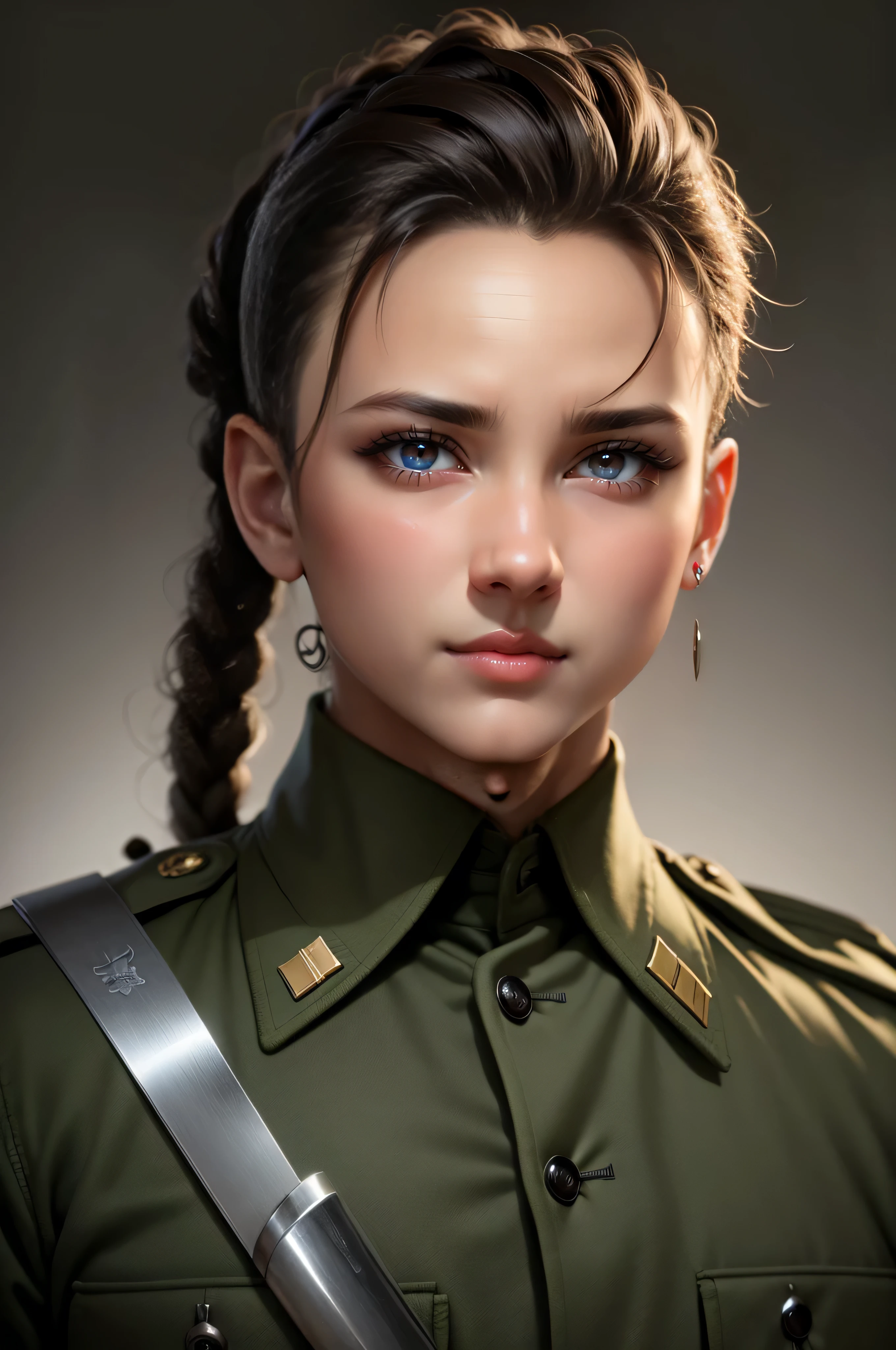 portrait+ style; photograph close up; Battle wary war girl, wearing a solider uniform, taking a break from the fighting by relaxing on the lake. high resolution