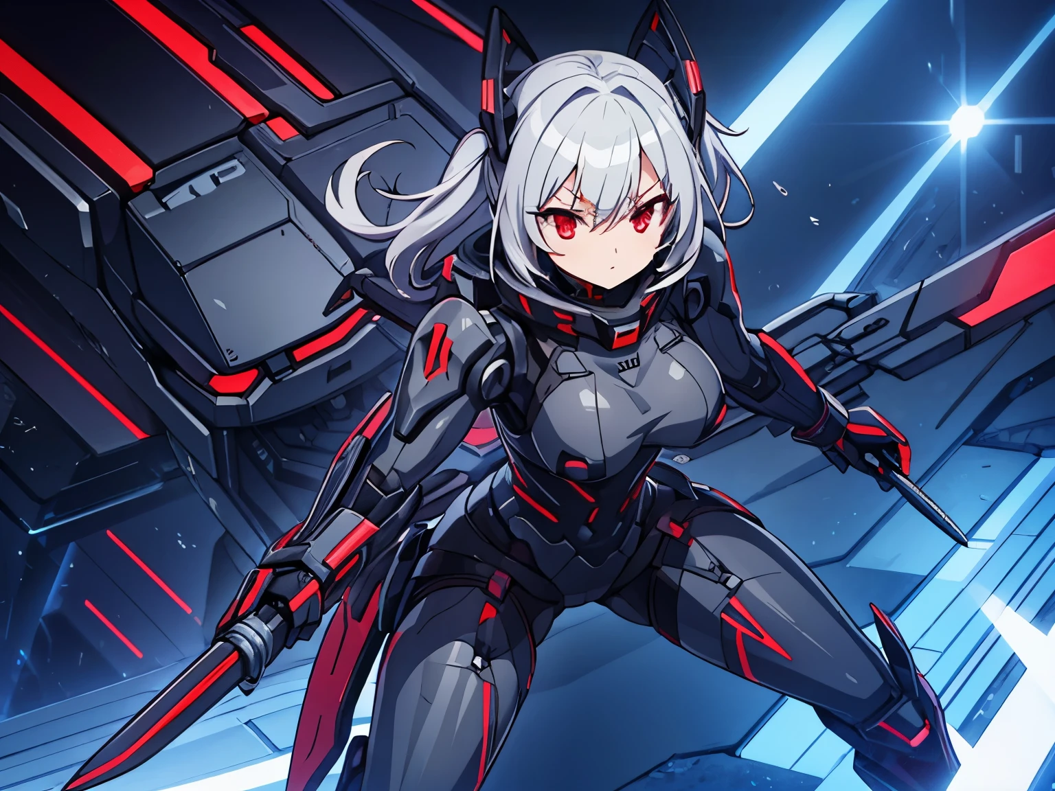 gray hair red eye rubber suit knife cyber punk 1 person tits butt thighs battle battle robot