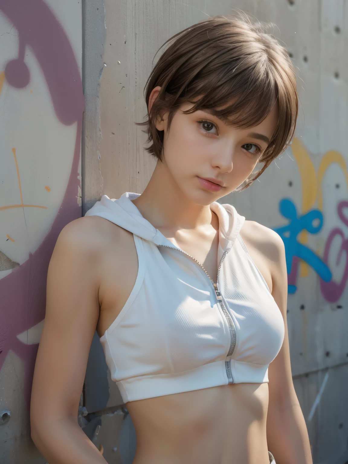 masterpiece, best quality, ultra detailed, 8k, photo realistic, 1girl, solo, tomboy, ultra detailed face, shot from front, (head shot:1.5), upper body, standing against a wall full of hiphop graffiti, light brown pixie cut hair, (small breasts:1.5), wearing white tank-top and unzipped yellow hoodie, hands in hoodie pockets