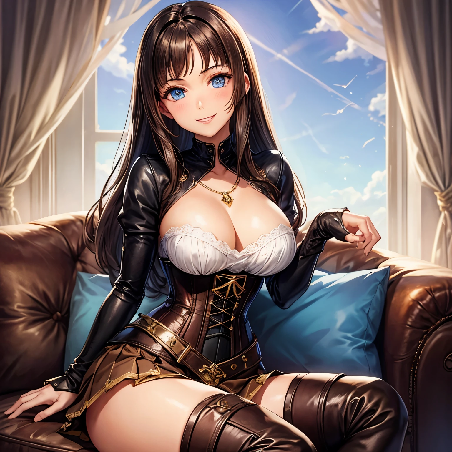 Corset top, loose brown skirt, long brunette hair, blue eyes, large breasts, sapphire necklace, thigh high boots, sitting, smile